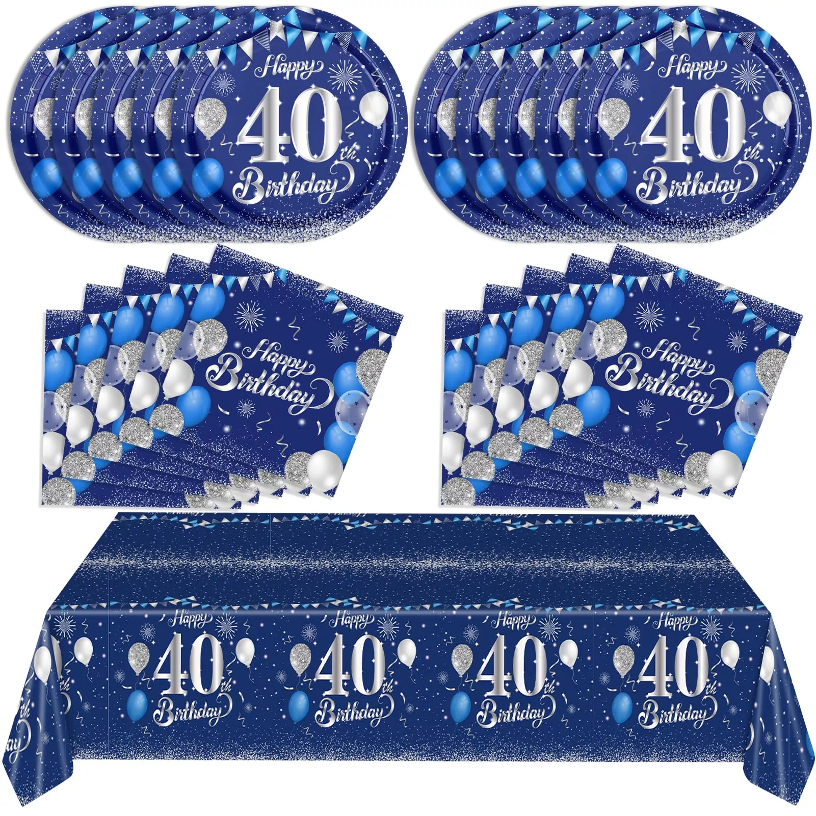SNIMICS Navy Blue Silver 40th Birthday Party Decorations Set, 20 Plates