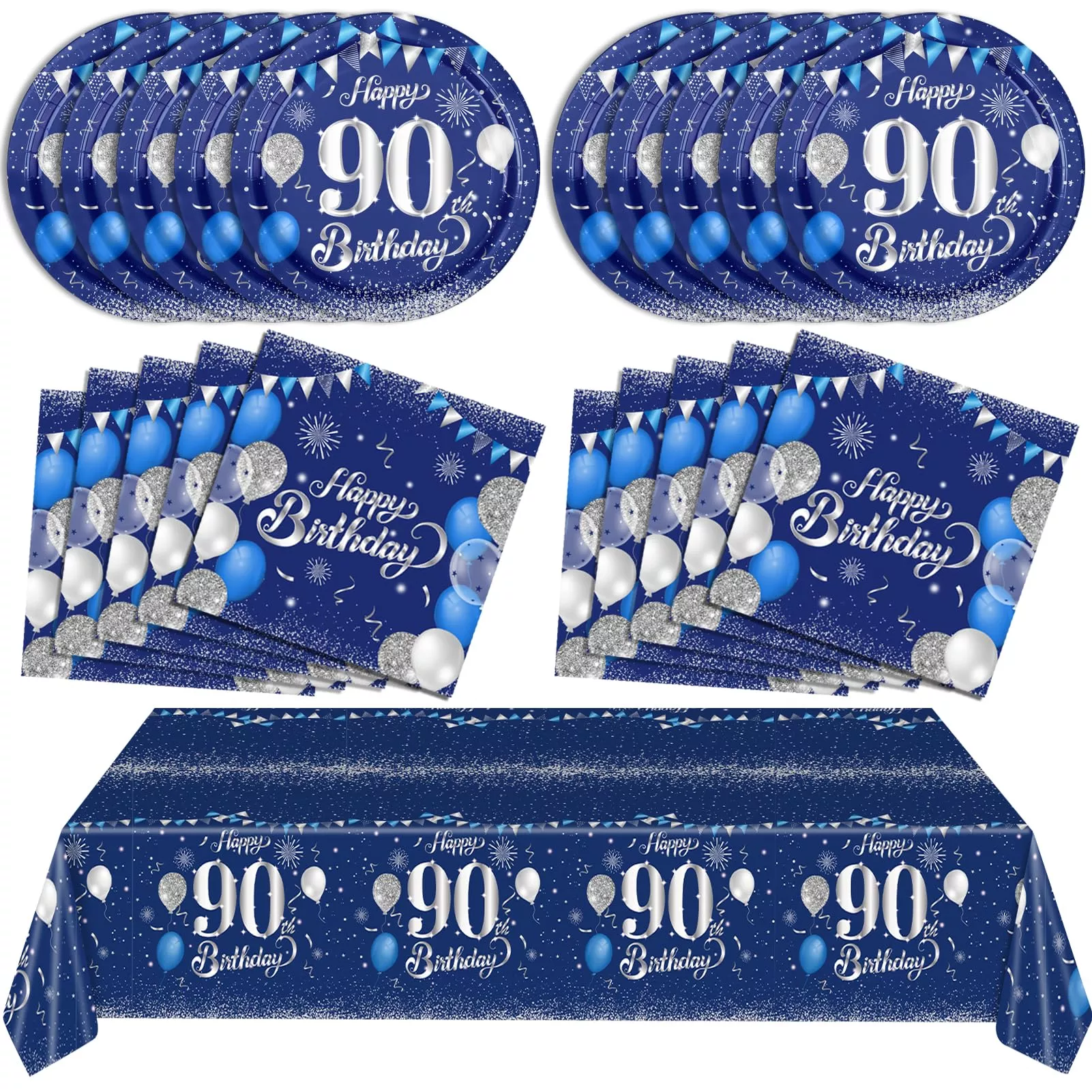 SNIMICS Navy Blue Silver 90th Birthday Party Decorations, 20 Plates & Napkins