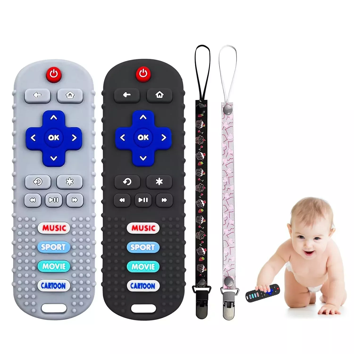 SOLIFEGOBLE Baby Remote Control Teether Toy Silicone Black Gray 2-Pack
