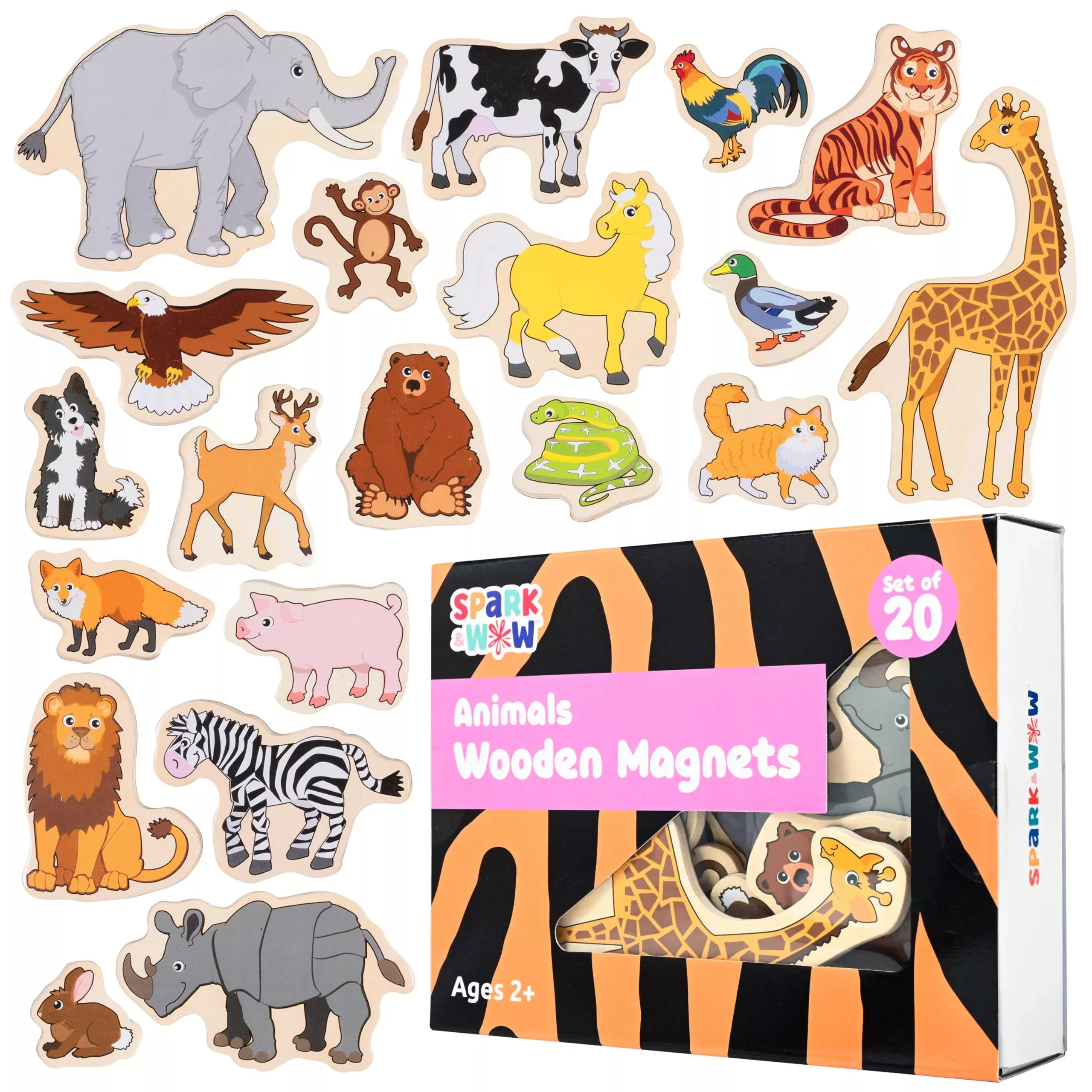 SPARK & WOW Wooden Animal Magnet Set, Multi Color, 20 Pieces, Small