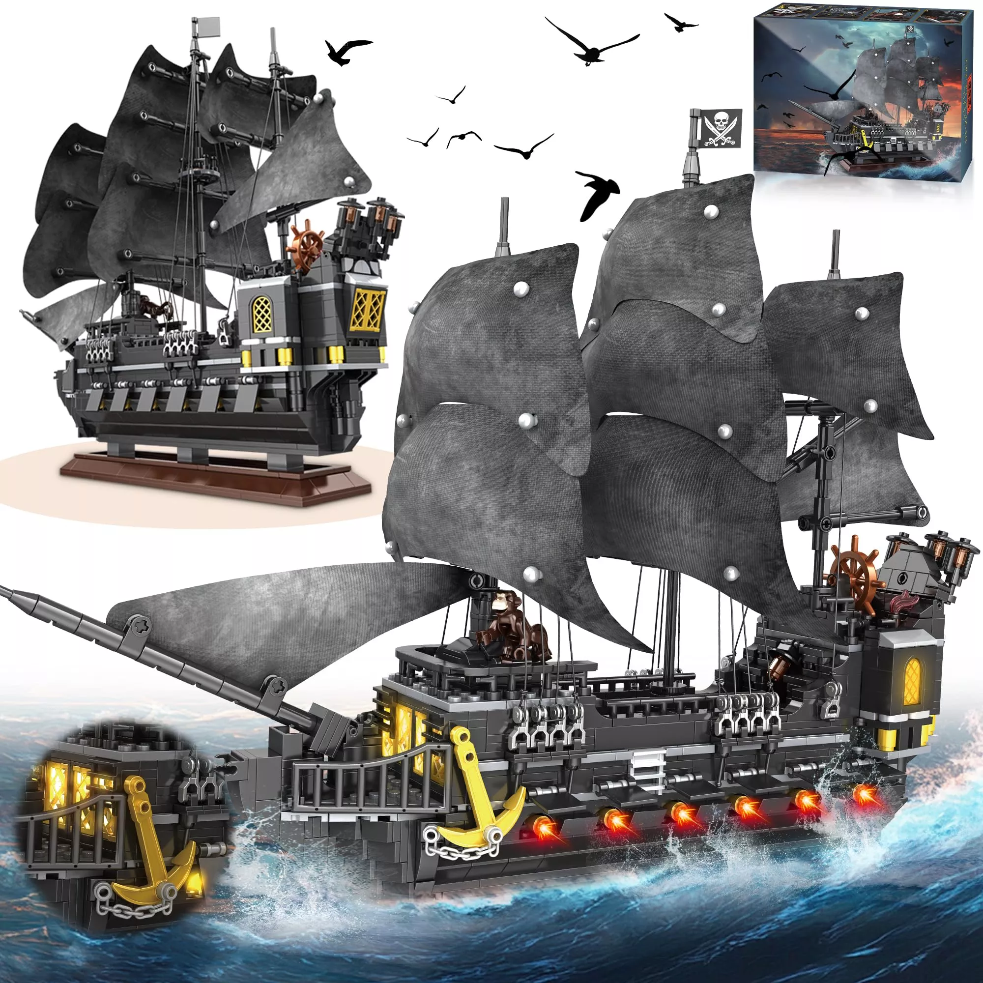 SSPATIOS Pirate Ship Building Block Model Kit, 1366 PCS, Black Pearl S