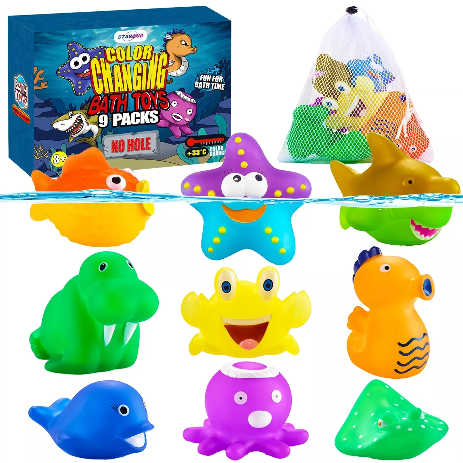 Staroud Sea Creature Bath Toys for Kids, 9-Pack, Multicolor, Small