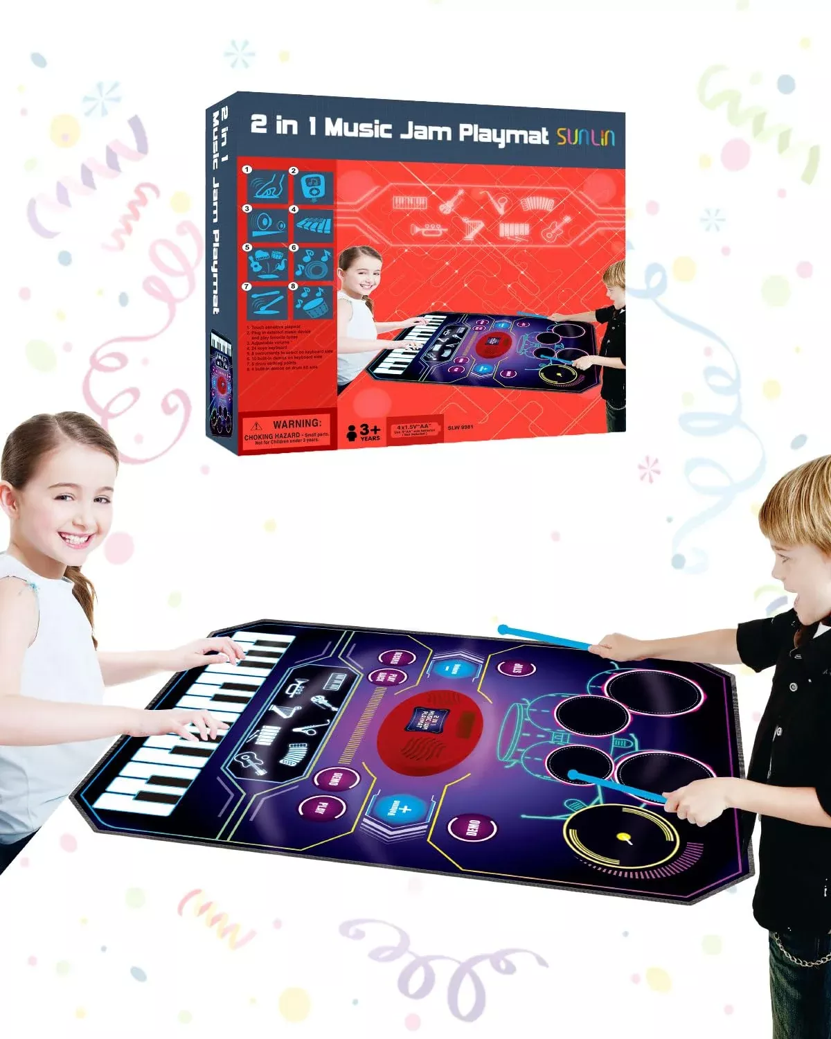SUNLIN 2-in-1 Music Jam Mat - Drum Set & Piano Mat, Tech Blue, Model S