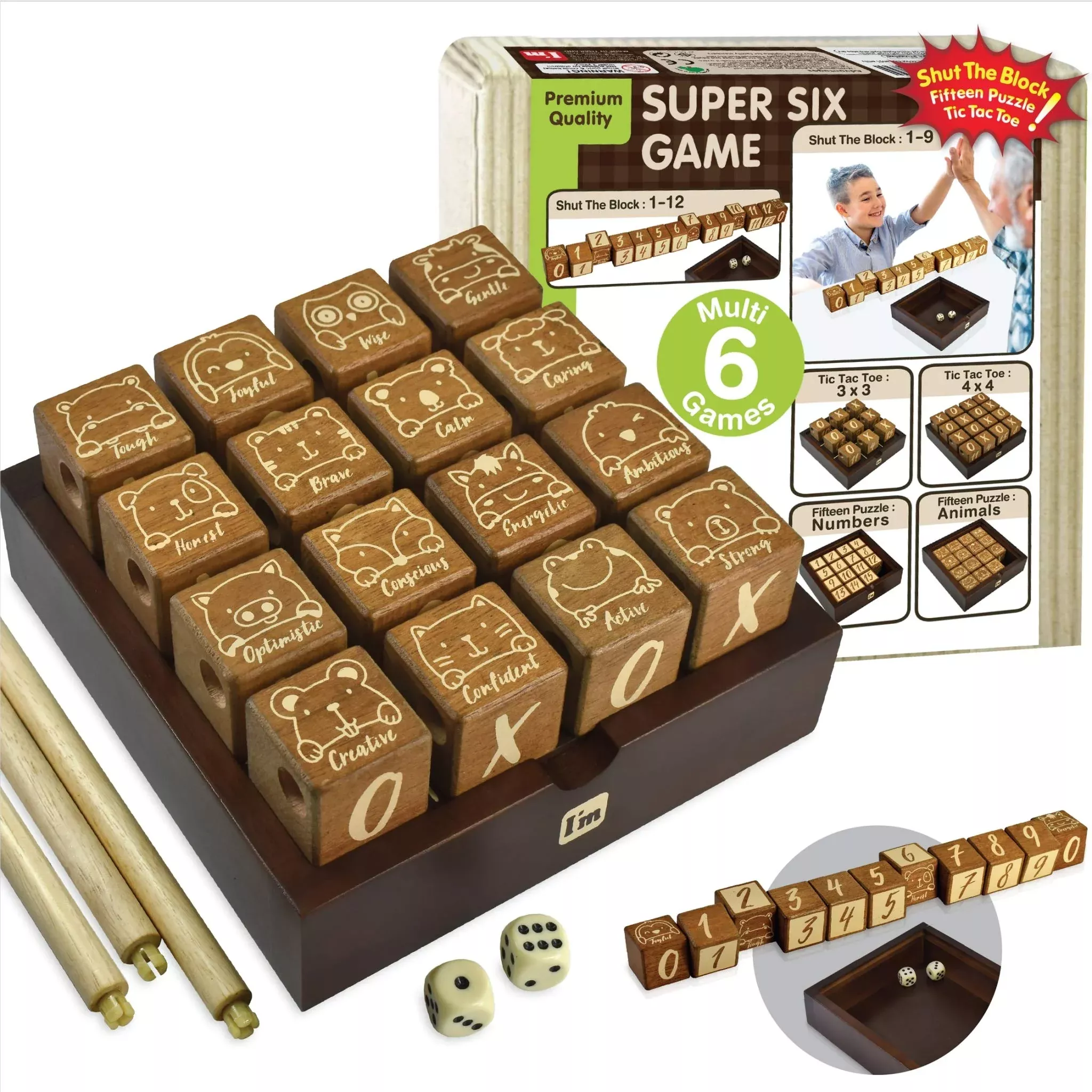 Super Six : Wooden Multi Board Game: Tic Tac Toe + Shut The Block + 15
