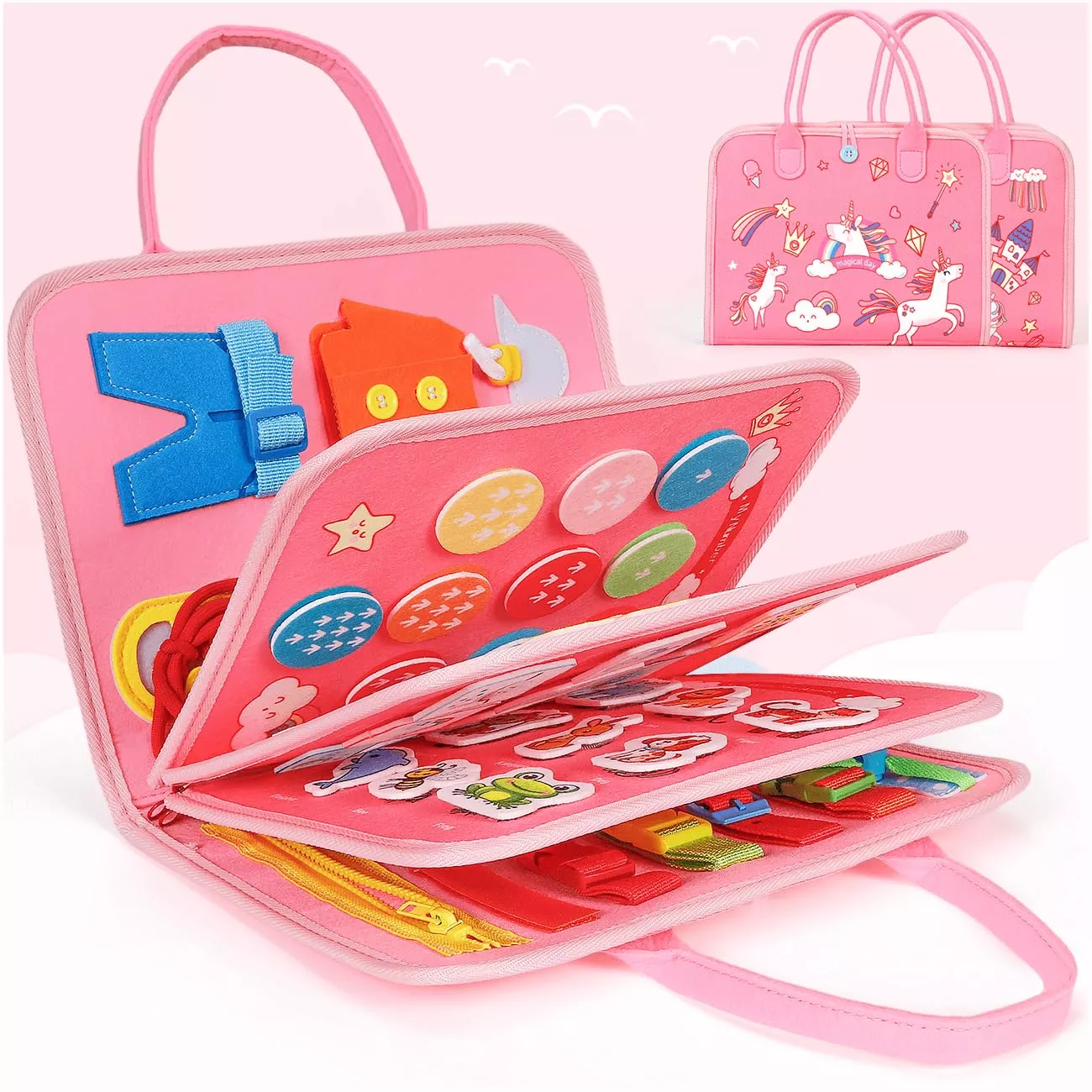 SYHLN 25 In 1 Toddler Busy Board Learning Toy Medium Pink