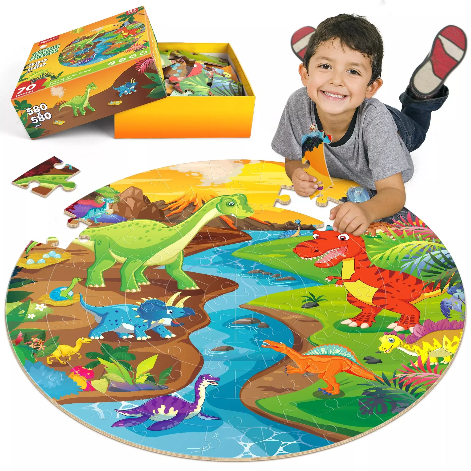 SYNARRY Dinosaur Floor Puzzle for Kids, 70 Pieces, Black