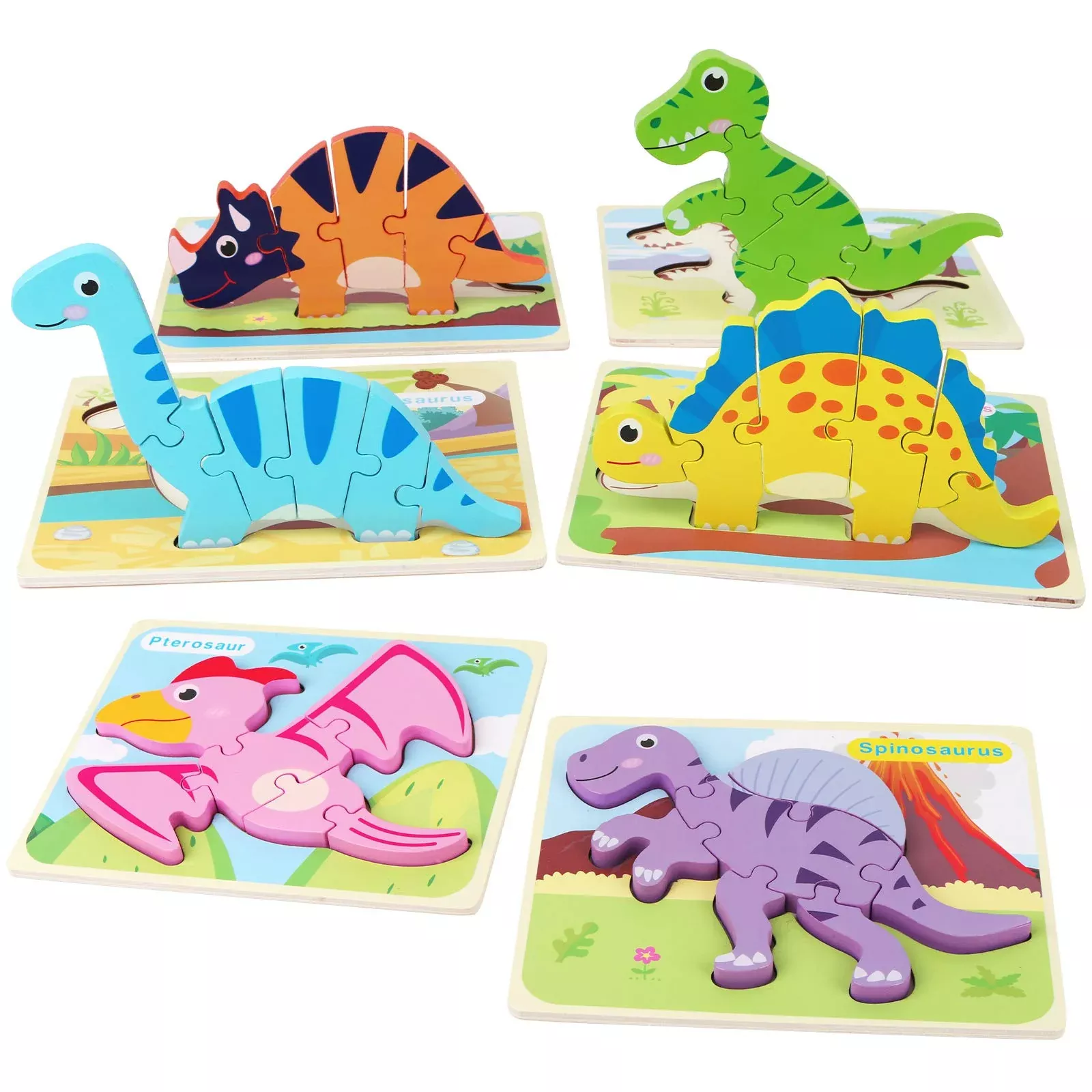 SYNARRY Dinosaur Wooden Puzzles for Kids 2-5, 3D Educational Toys for