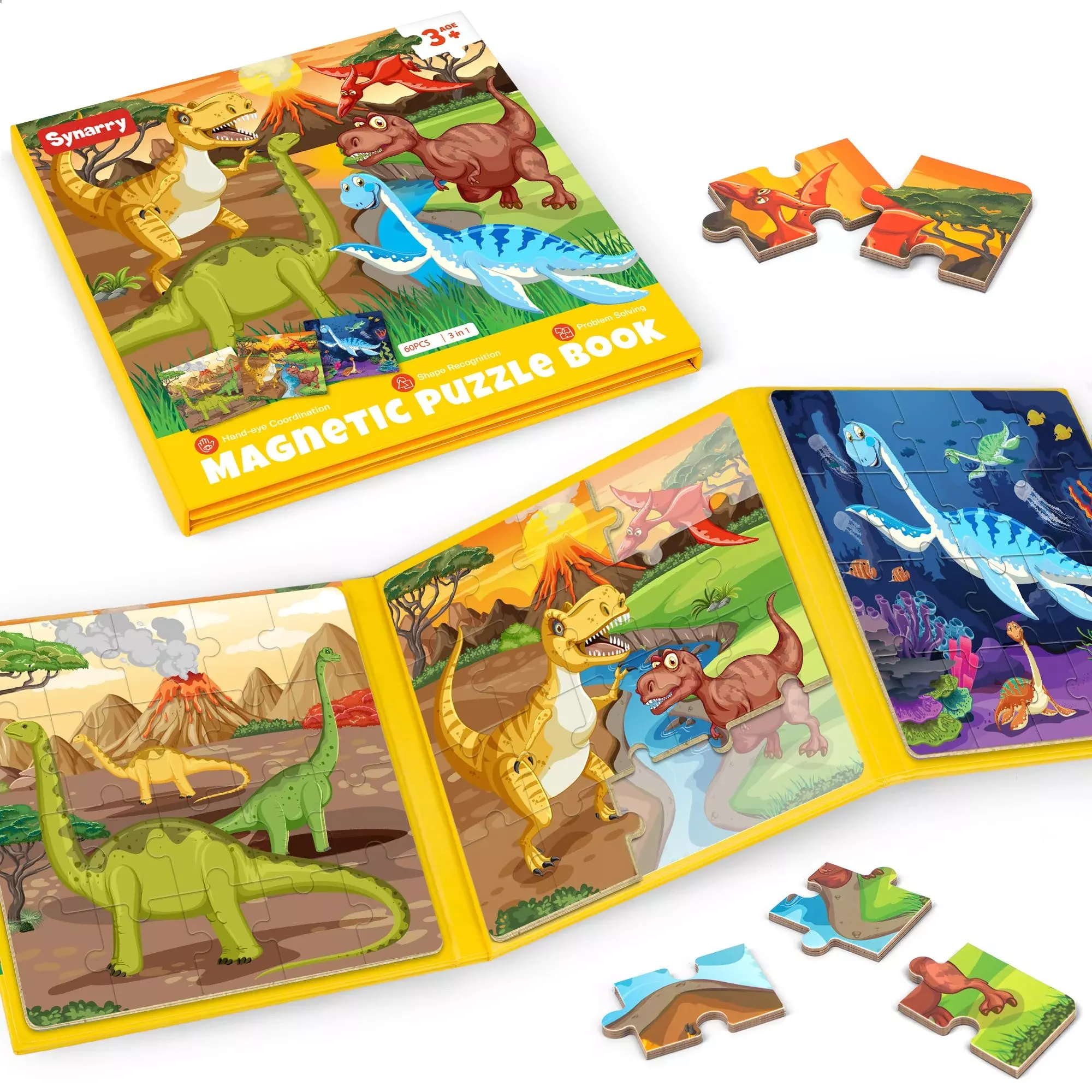 SYNARRY Magnetic Dinosaur Puzzles for Kids 3-5, 20 Pieces, Colour