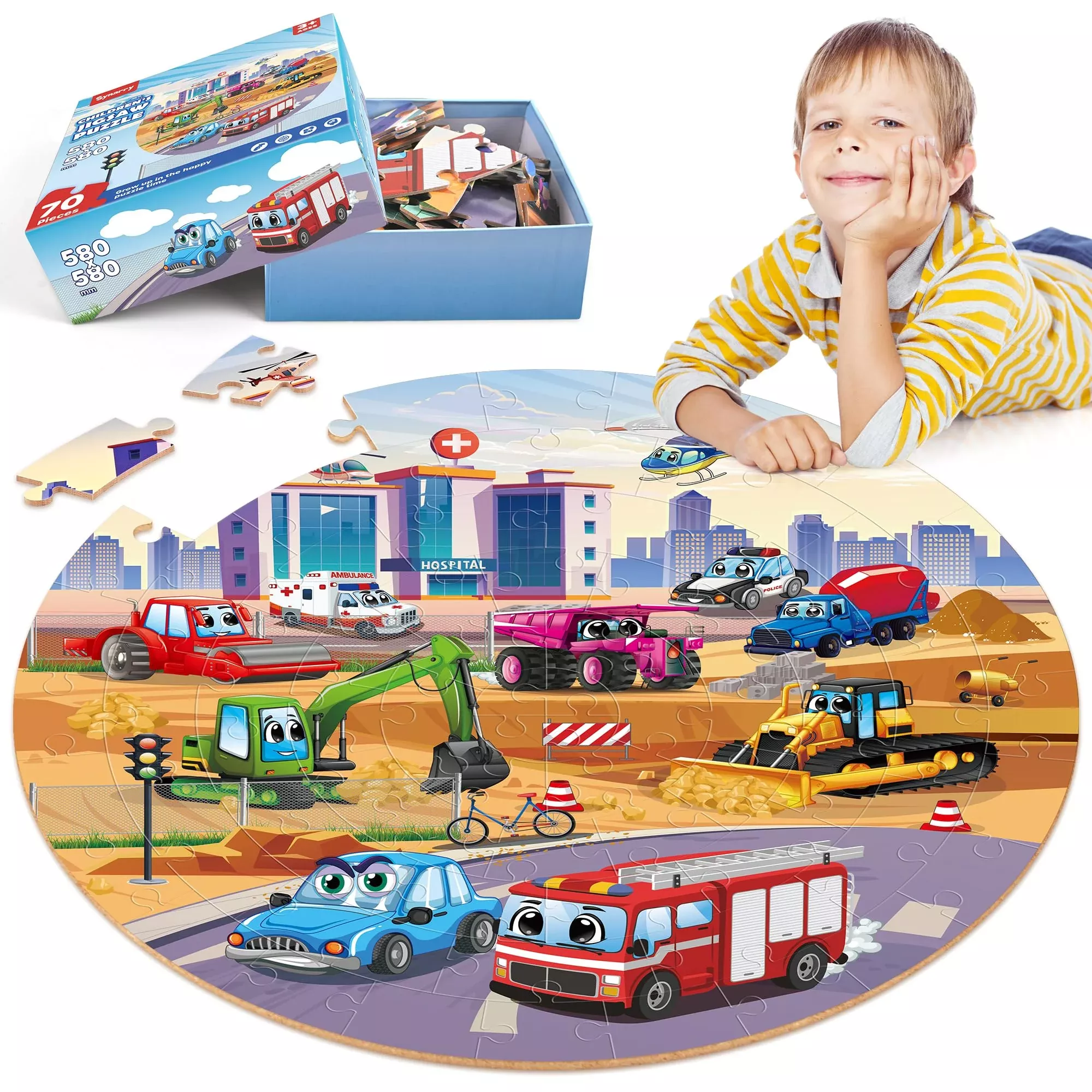 SYNARRY Traffic Floor Puzzle โ Large 70-Piece Double-Sided, Colorful