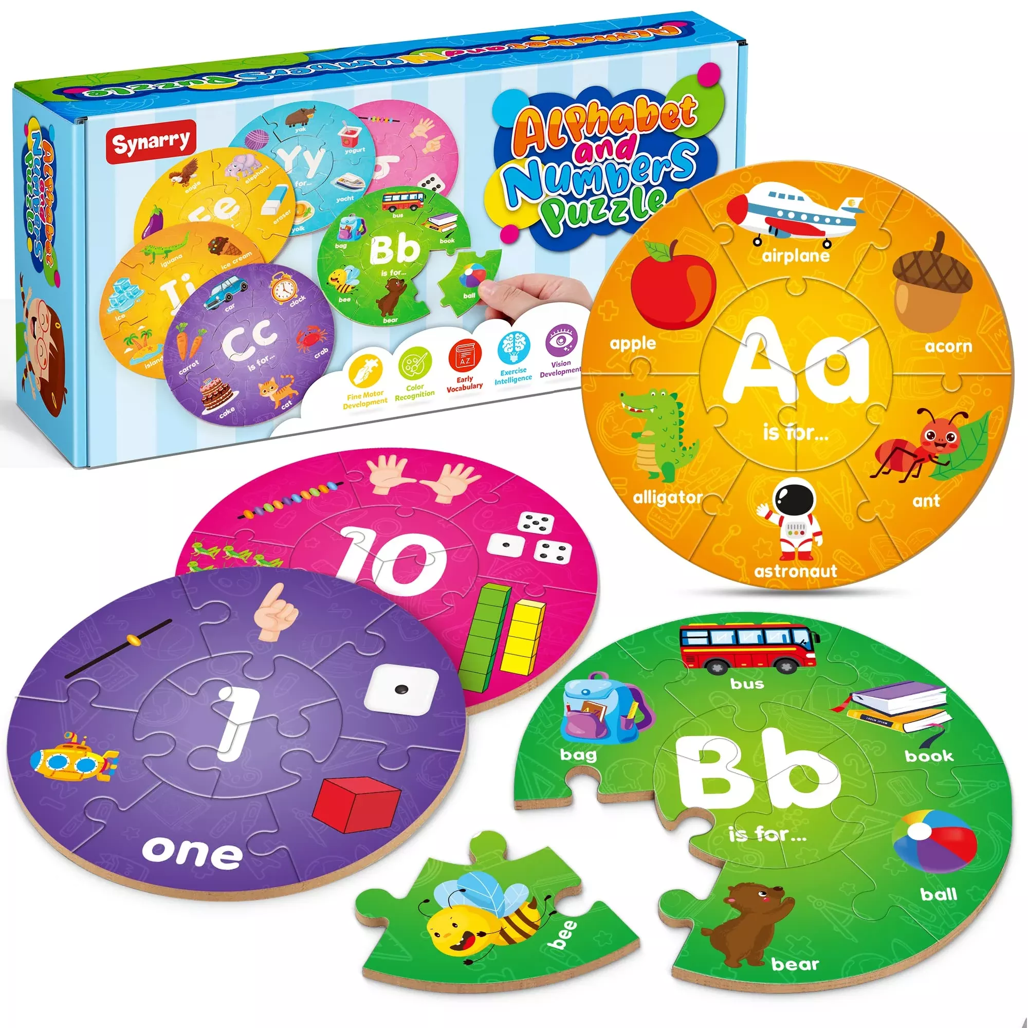 SYNARRY Wooden Alphabet and Number Puzzle Set for Kids, Large, Colourful