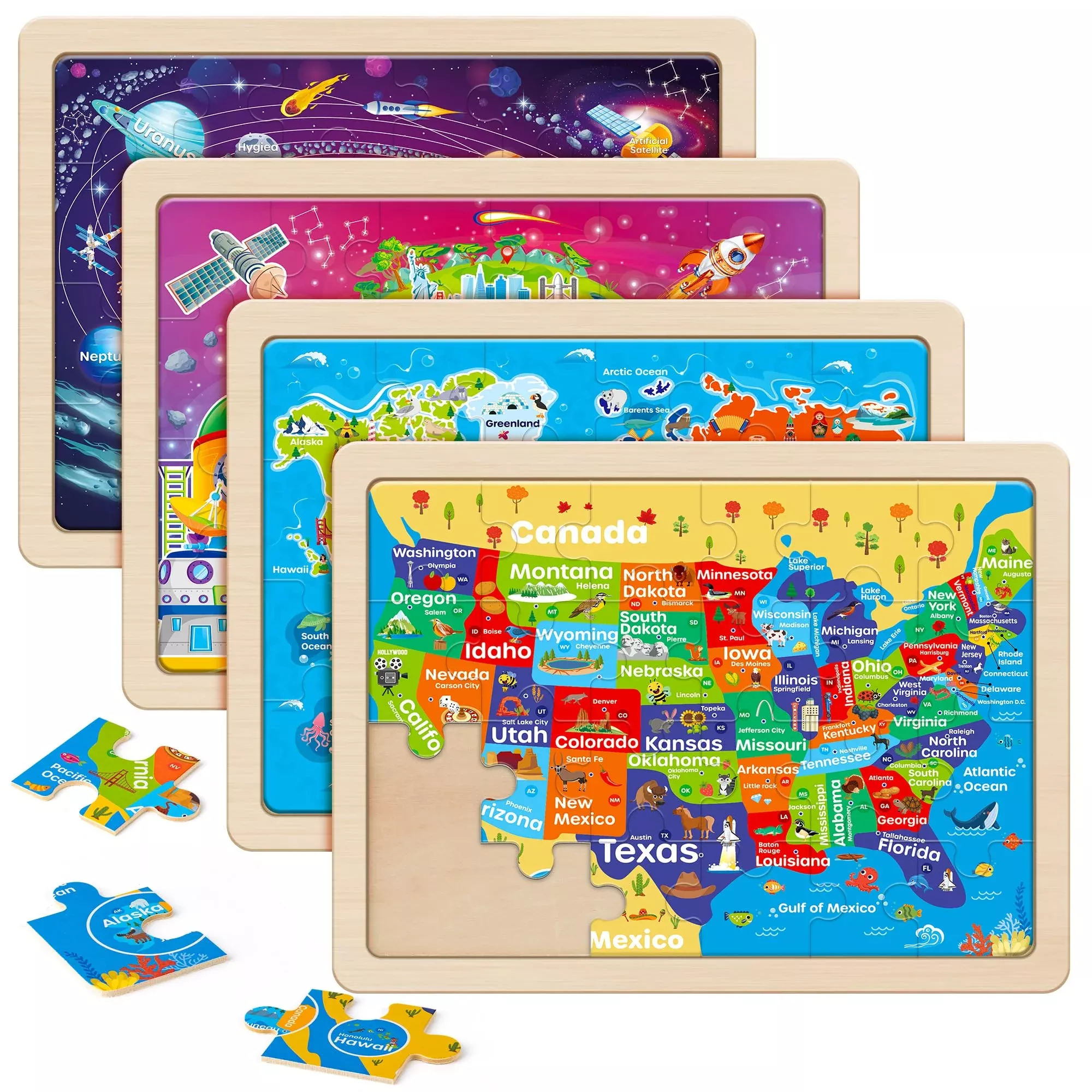 SYNARRY Wooden Dino Puzzle Set 4x24 Pieces Colourful 12.2x