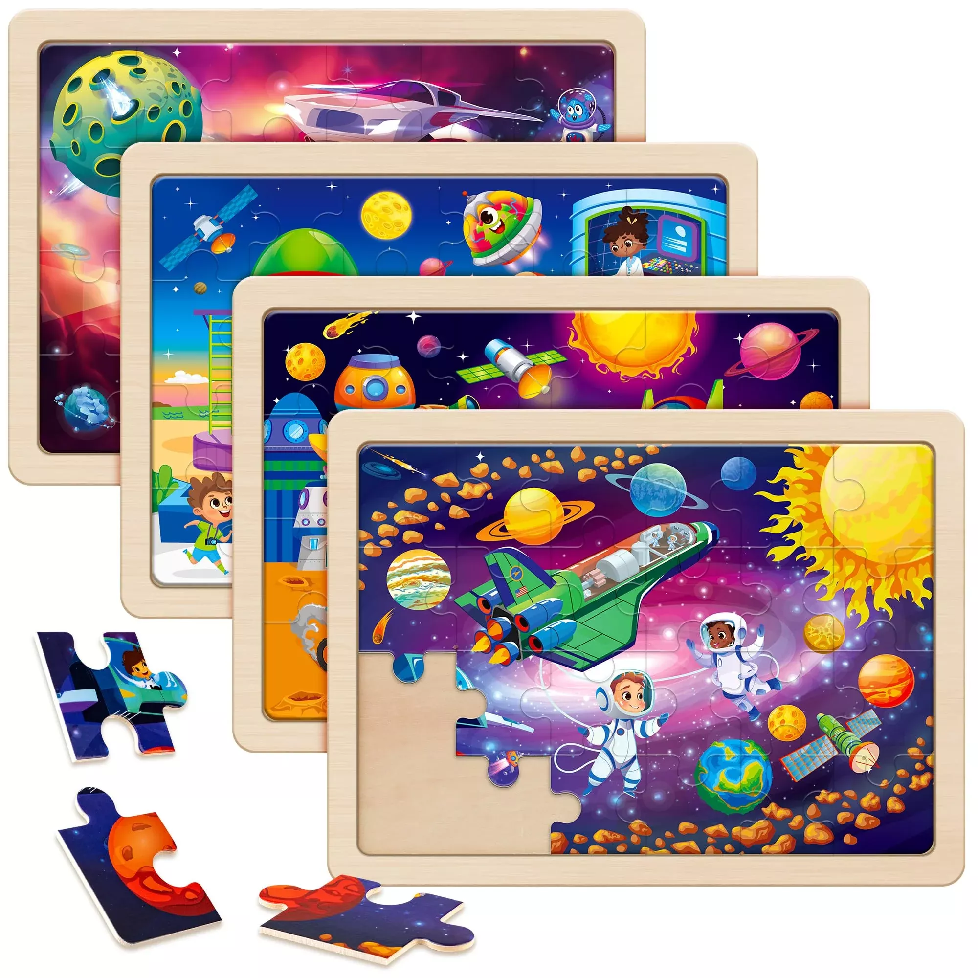 SYNARRY Wooden Space Puzzles for Kids, 4 Packs, 24 Pieces,