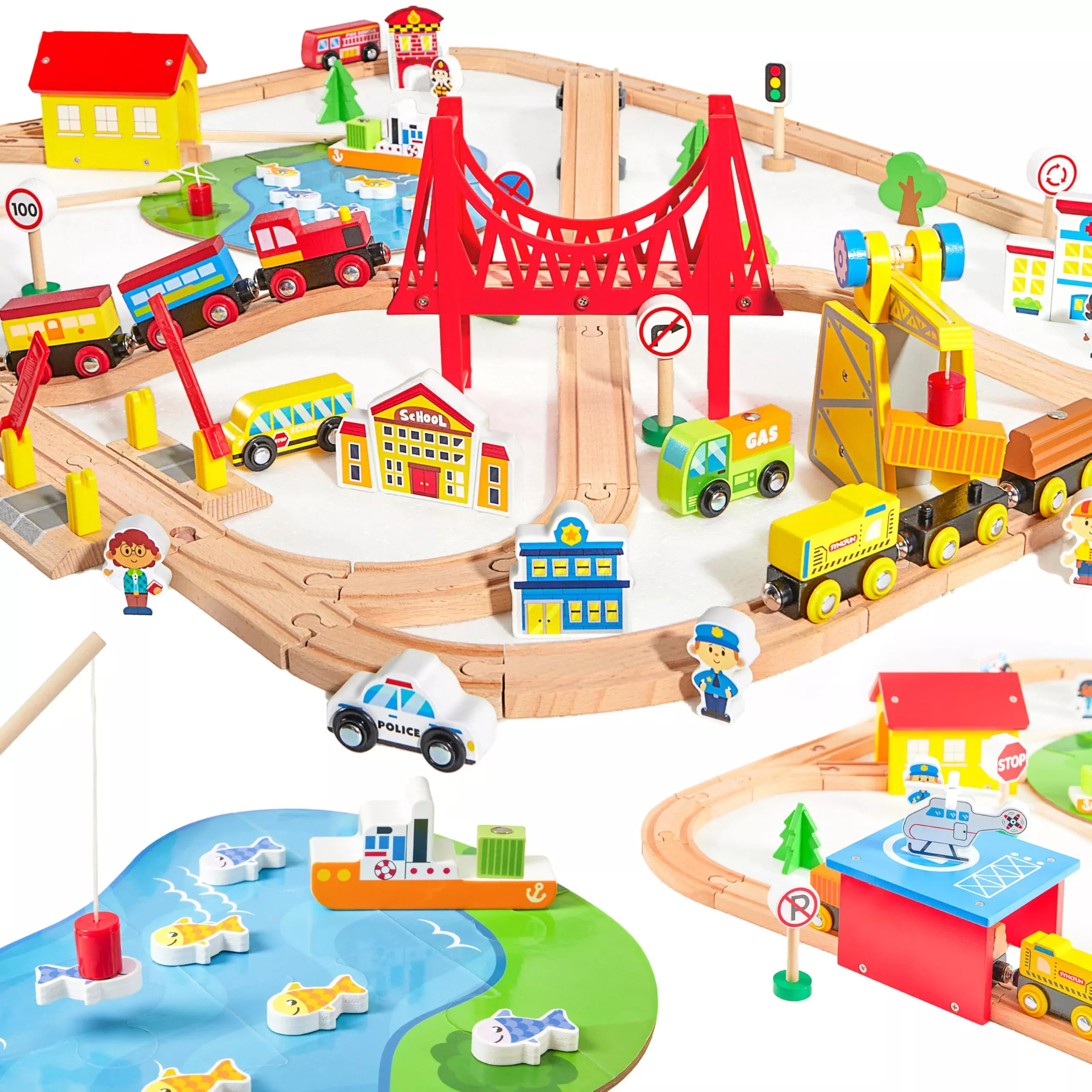 SYNCFUN 110-Piece Wooden Train Set for Kids Age 3-8, White