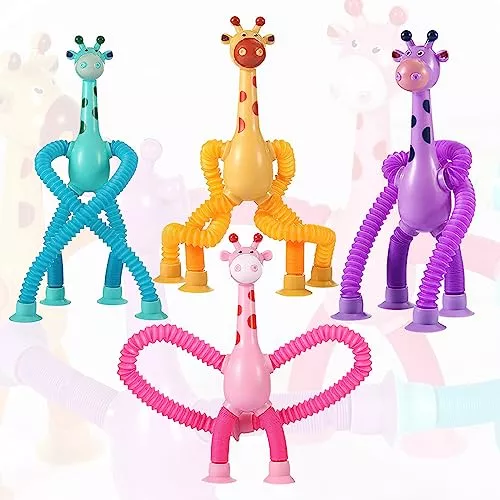 Sysama 4 Pcs Telescopic Suction Cup Giraffe Toy, Funny Pop Tubes Senso