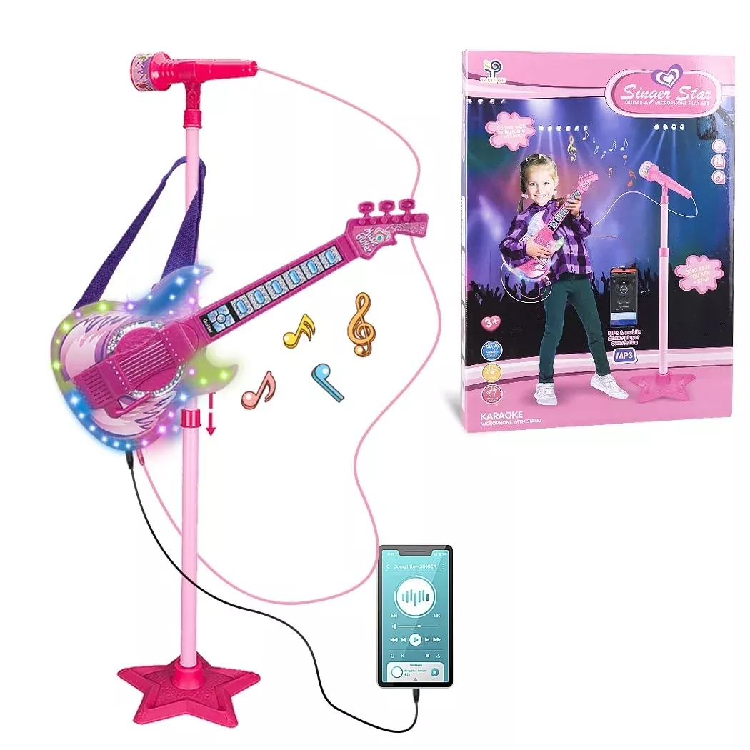 TAKIHON Kids Guitar and Microphone Playset - Blue or Pink, 3+ Years