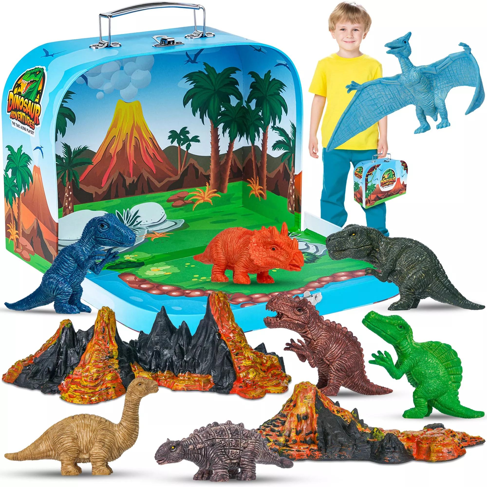 Team Power Dinosaurs Carry Case Set - With Play Scenery Inside, 8 Dino