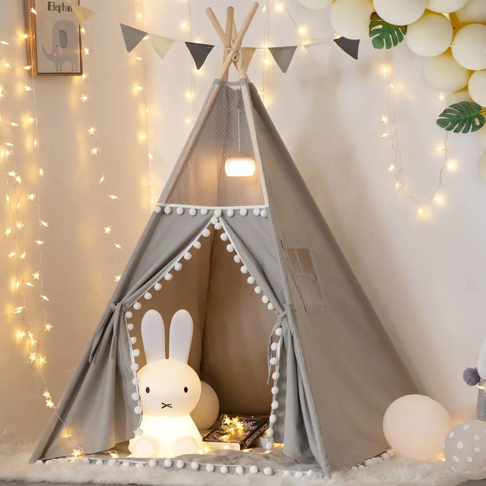Teepee Tent For Kids With Padded Mat, Grey Foldable Play Tent With Car