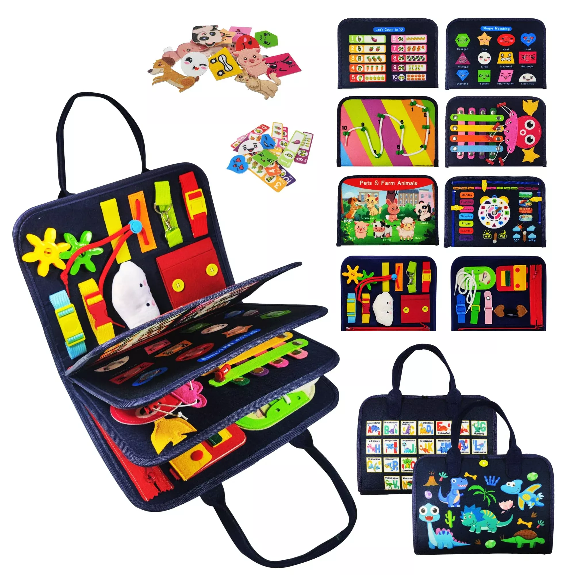 TenFans Busy Board for Toddlers, 35 Activities, Navy Blue, 8 Pages
