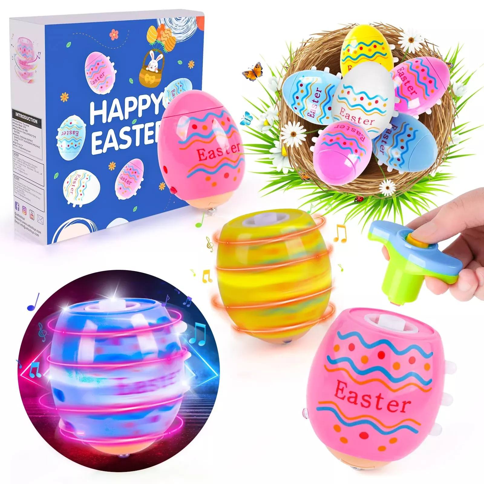 TERRAMUS Easter Egg Toys 6-Pack Spinning Tops LED Lights Music