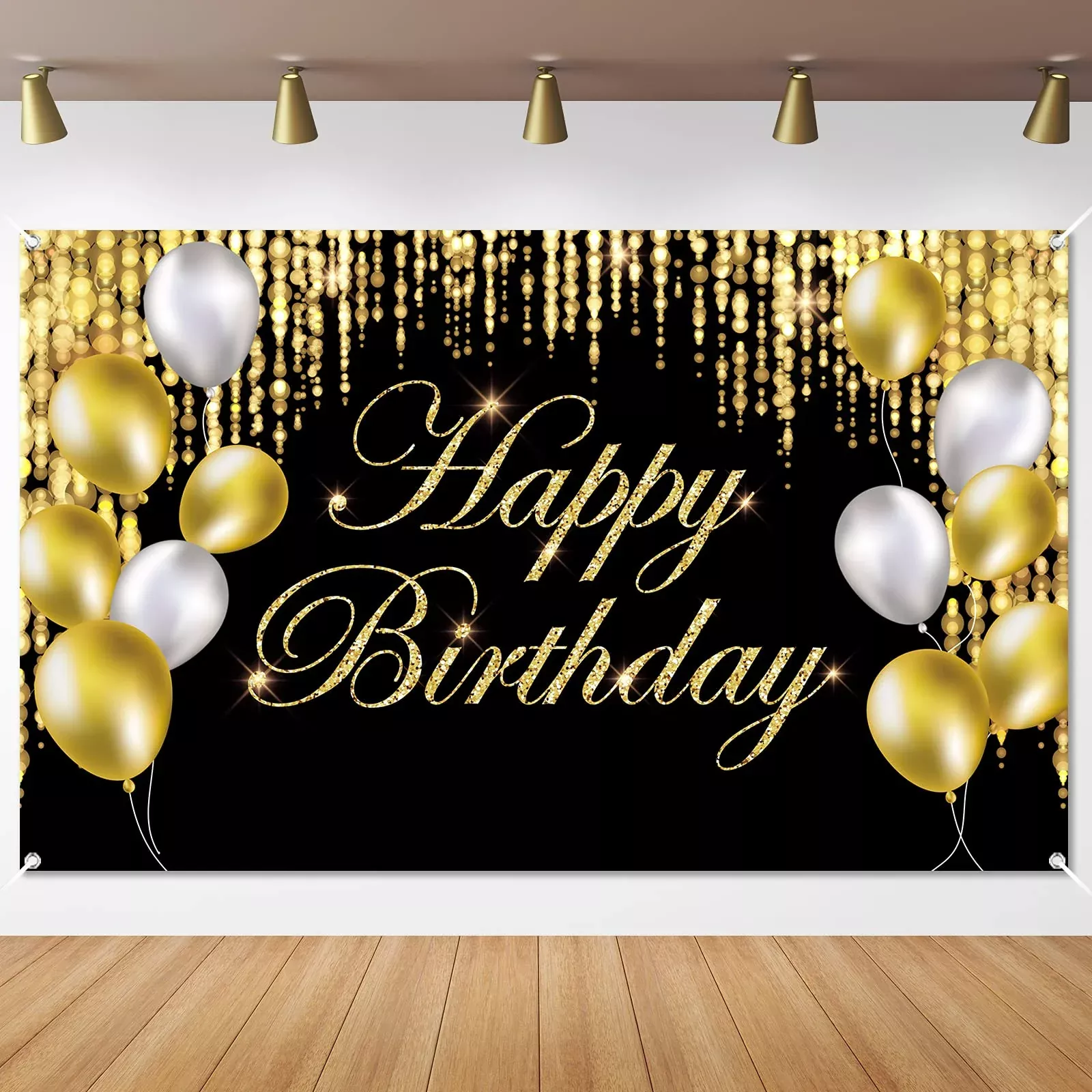 Tevxj Black Gold Happy Birthday Backdrop 6.1x3.6ft Party