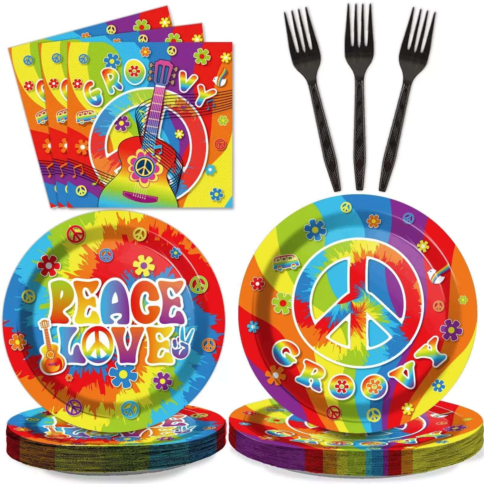 Tevxj Hippie Themed Party Tableware Set, 24pcs, Black, Disposable