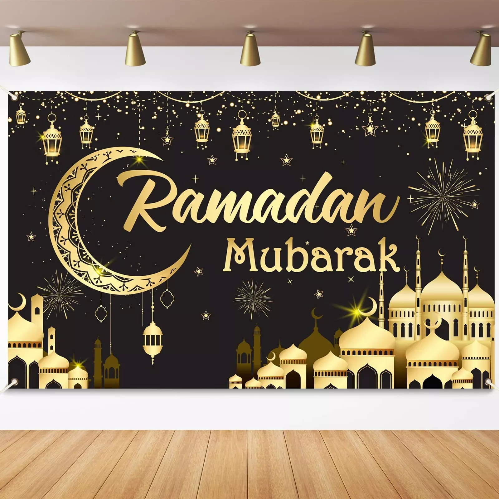 Tevxj Ramadan Mubarak Backdrop Banner - Polyester, One Size, Eid Al-Ad