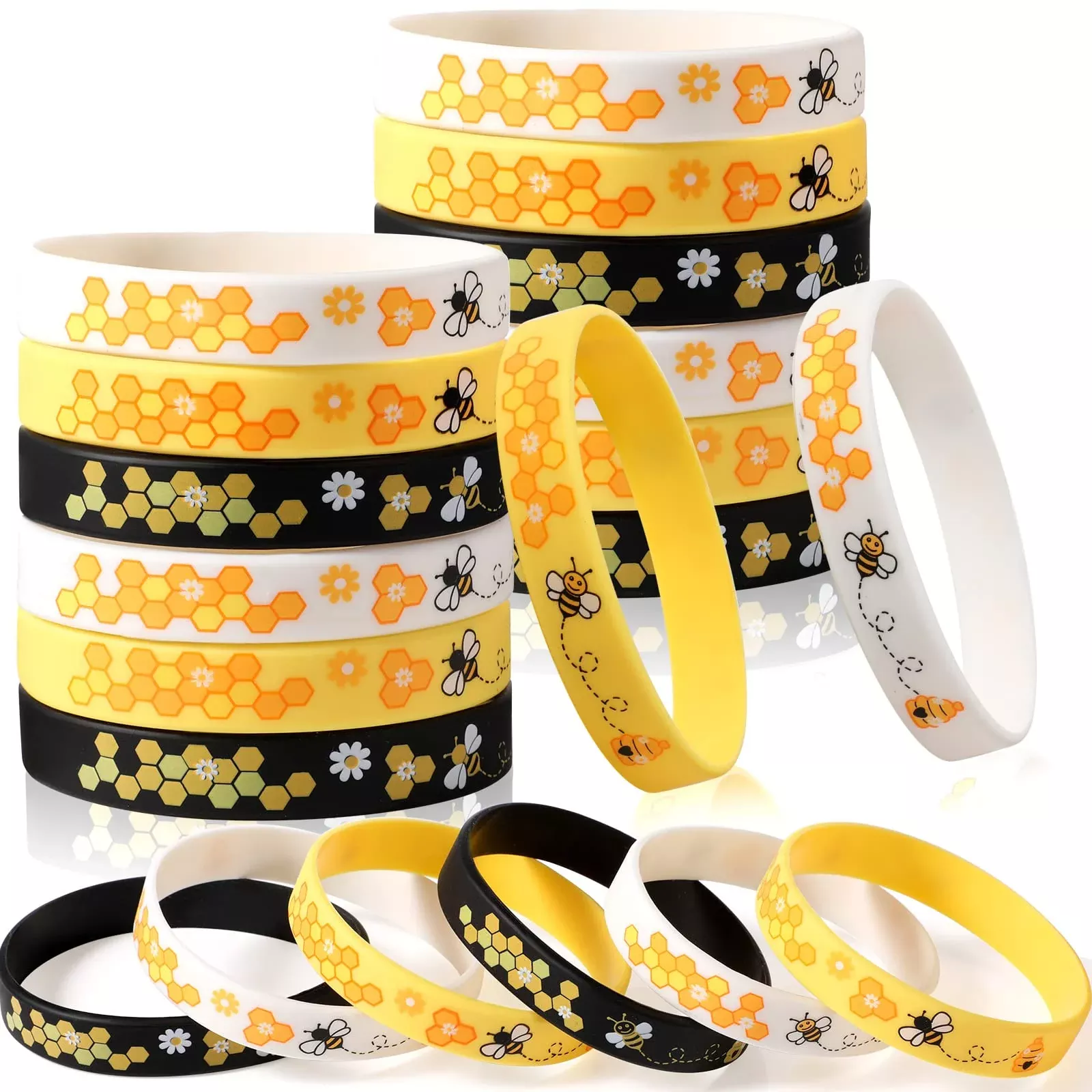 Threan Bee Silicone Wristbands, 7.9" - White, Yellow, Black,