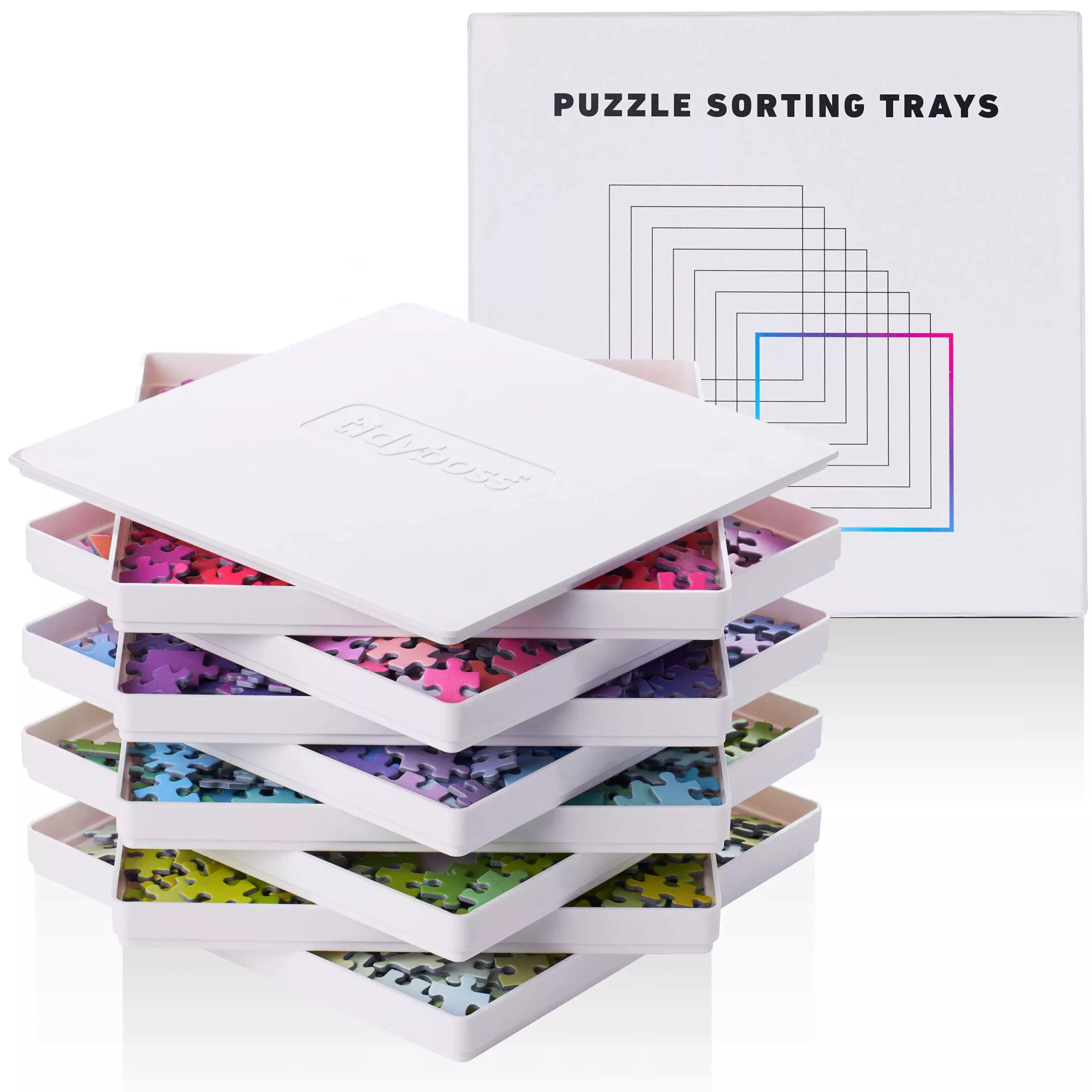 TIDYBOSS Puzzle Organizer Trays, 8 Stackable White Trays,