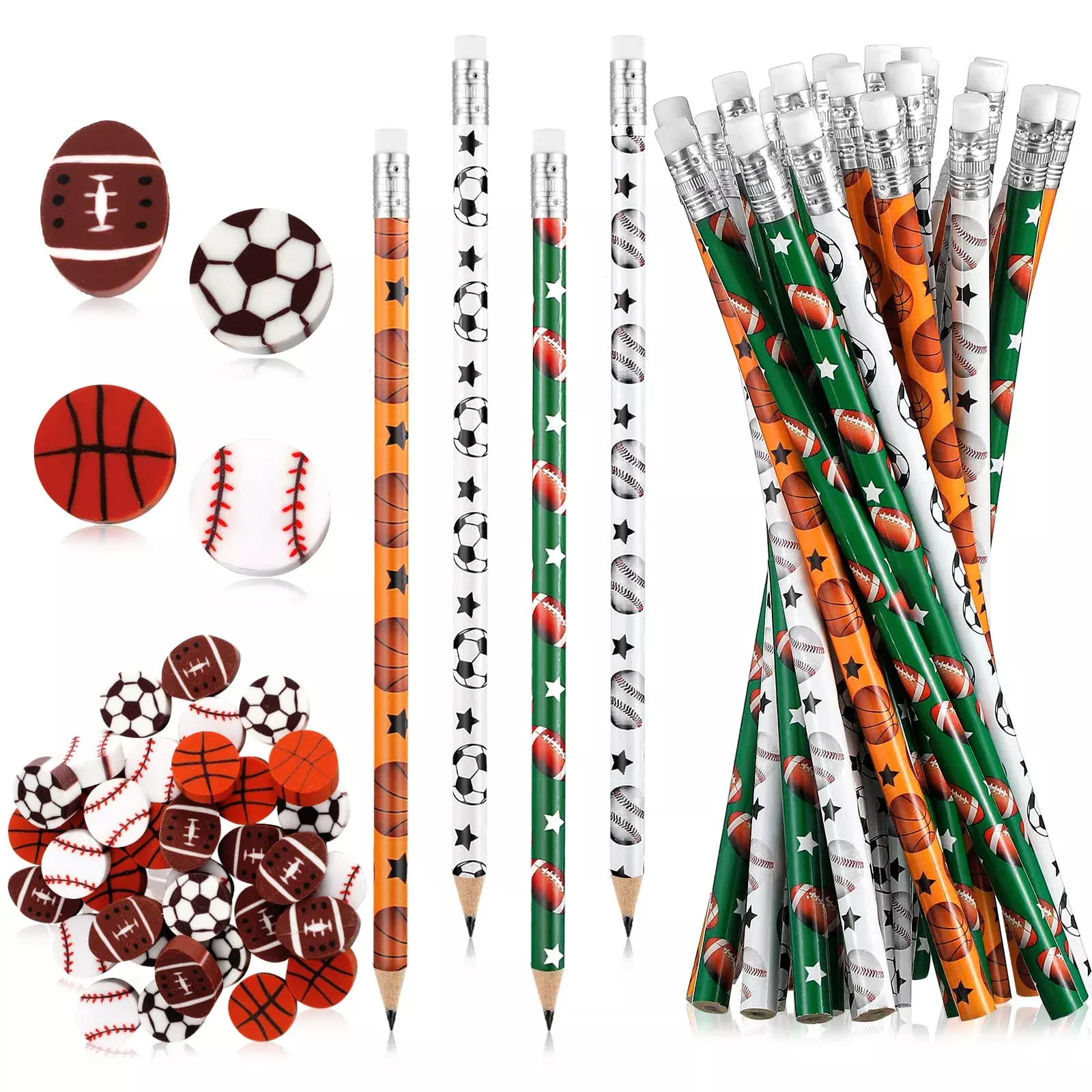 Tinlade Sports Pencils and Erasers Set, Multicolor, 72 Pieces, 7