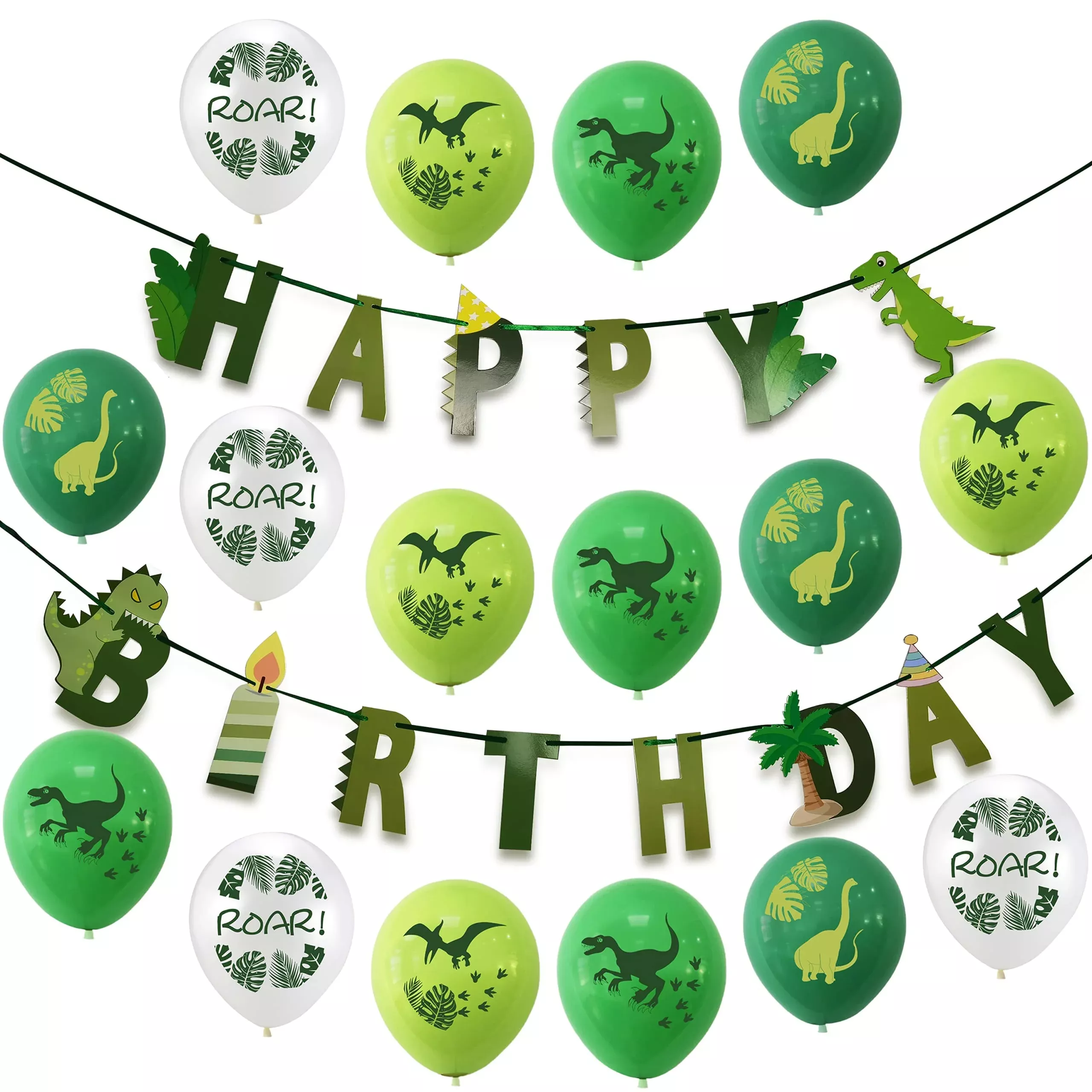 TmppDeco Dinosaur Birthday Banner and Balloons Kit, Green, 16 pcs