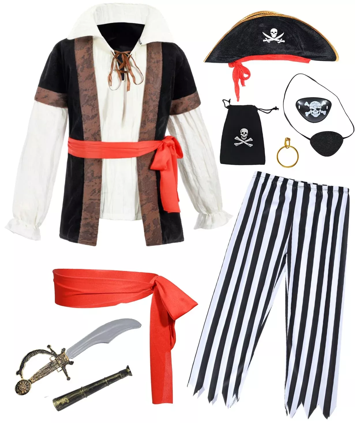TOGROP Pirate Costume Set for Kids 3-10 Years, Polyester, 10 PCS