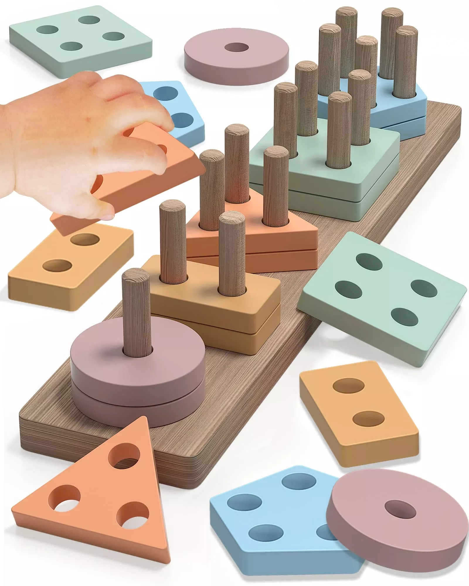 Tonberless Wooden Sorting and Stacking Puzzle Toys, Macaron, 20 Pieces