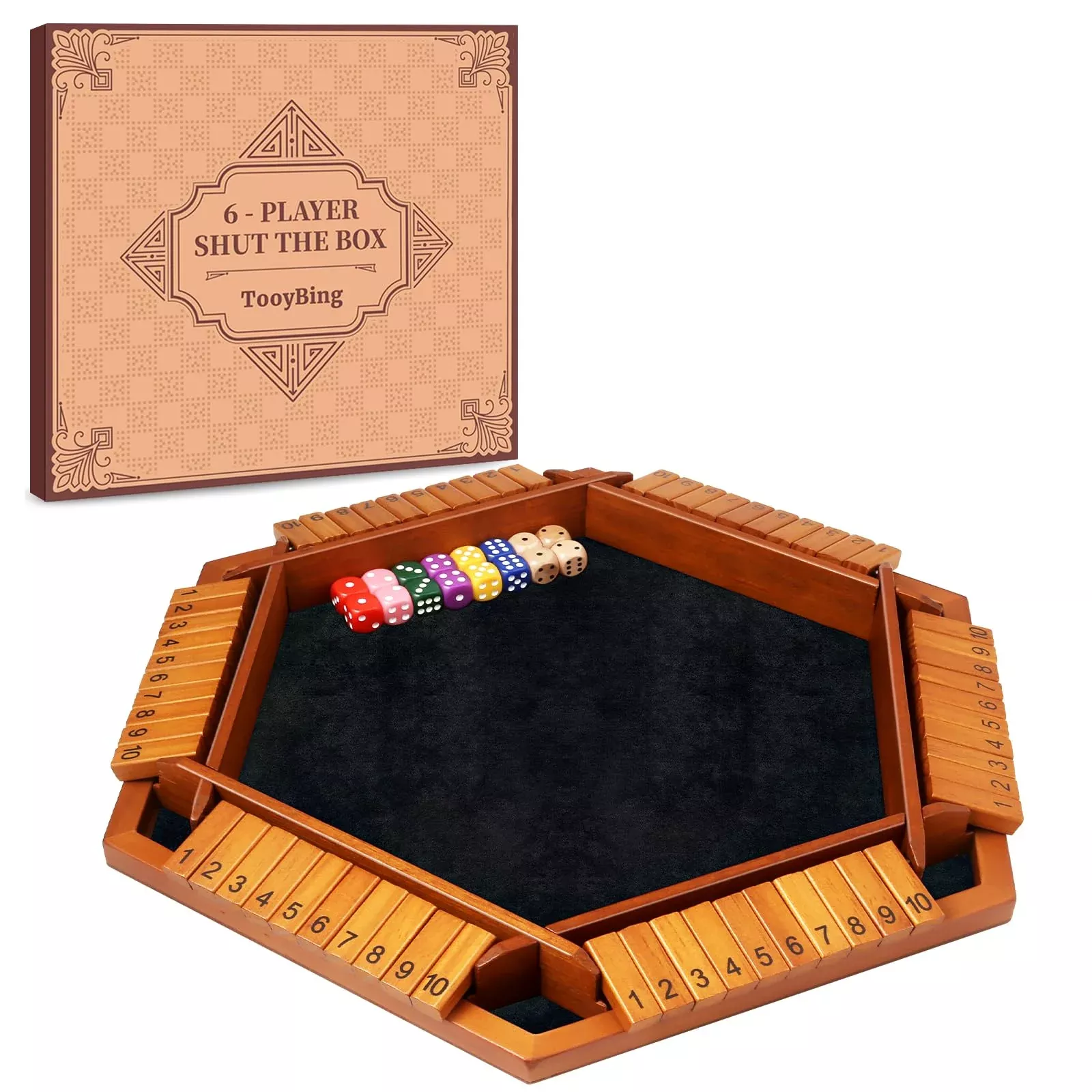 TooyBing Wooden Shut The Box Game for 1-6 Players, Includes 16 Dice, C