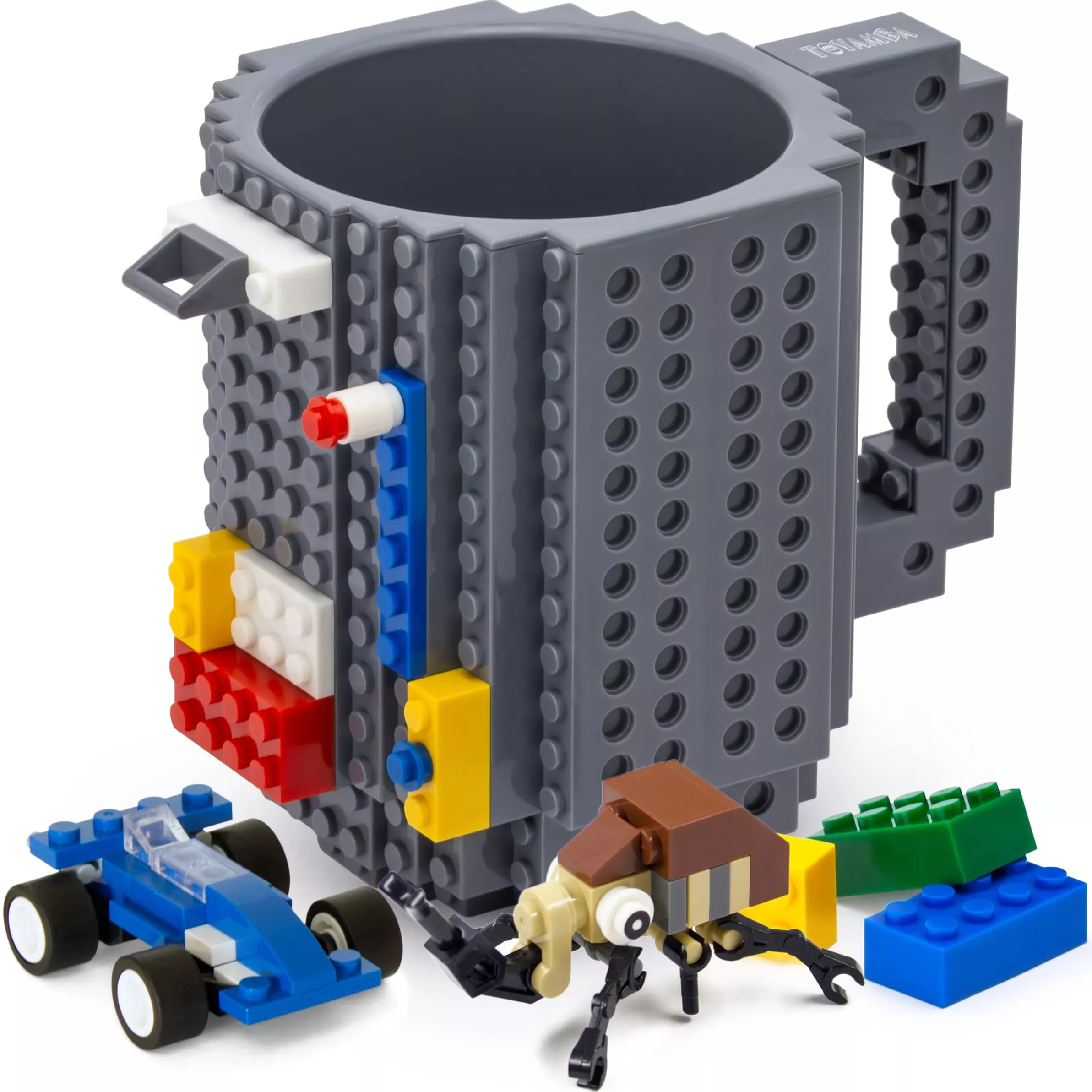 TOYAMBA Build a Brick Mug 16oz Grey with Random Mini Toys, 3