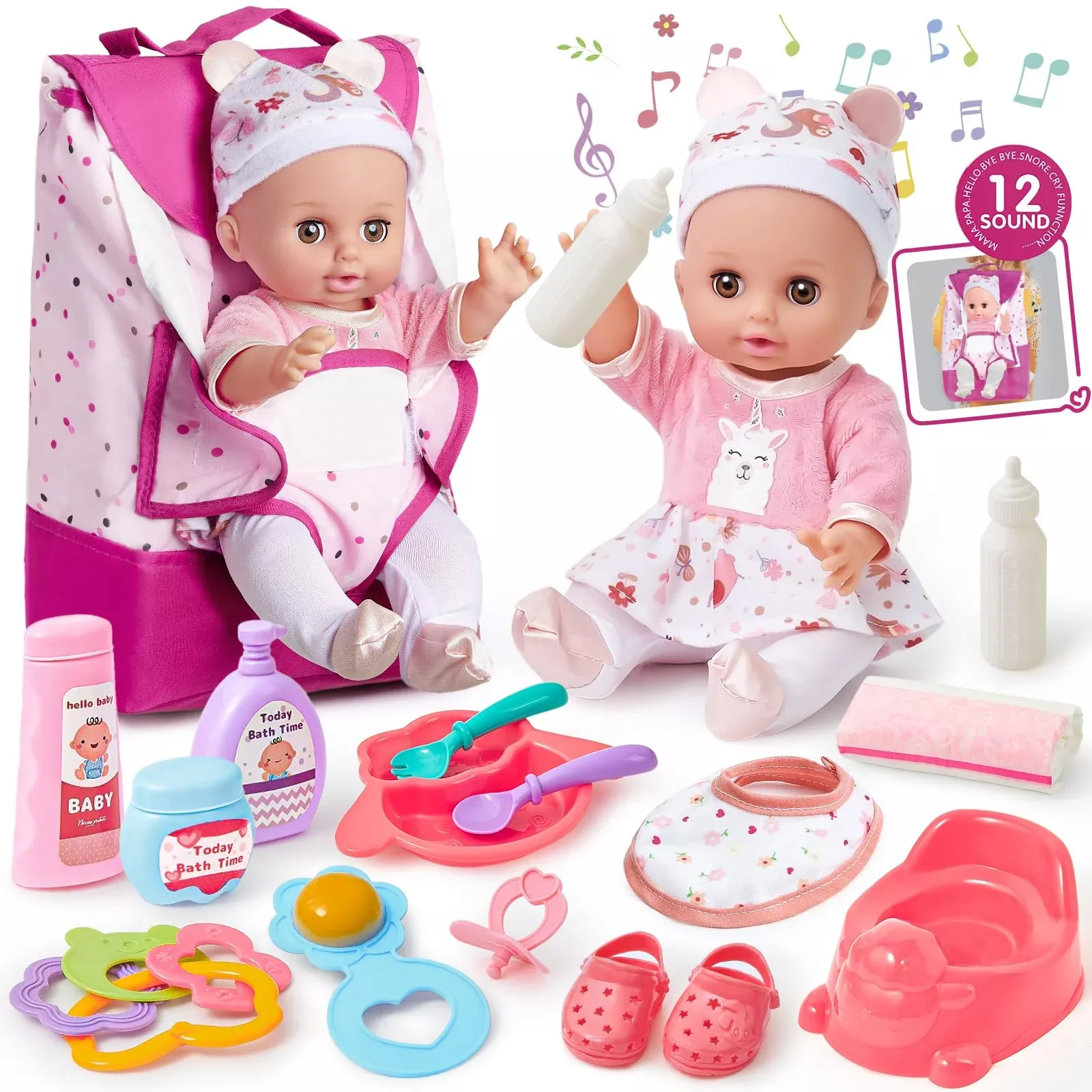 Toylink Interactive Baby Doll Set With Backpack Carrier, 12In Doll Toy