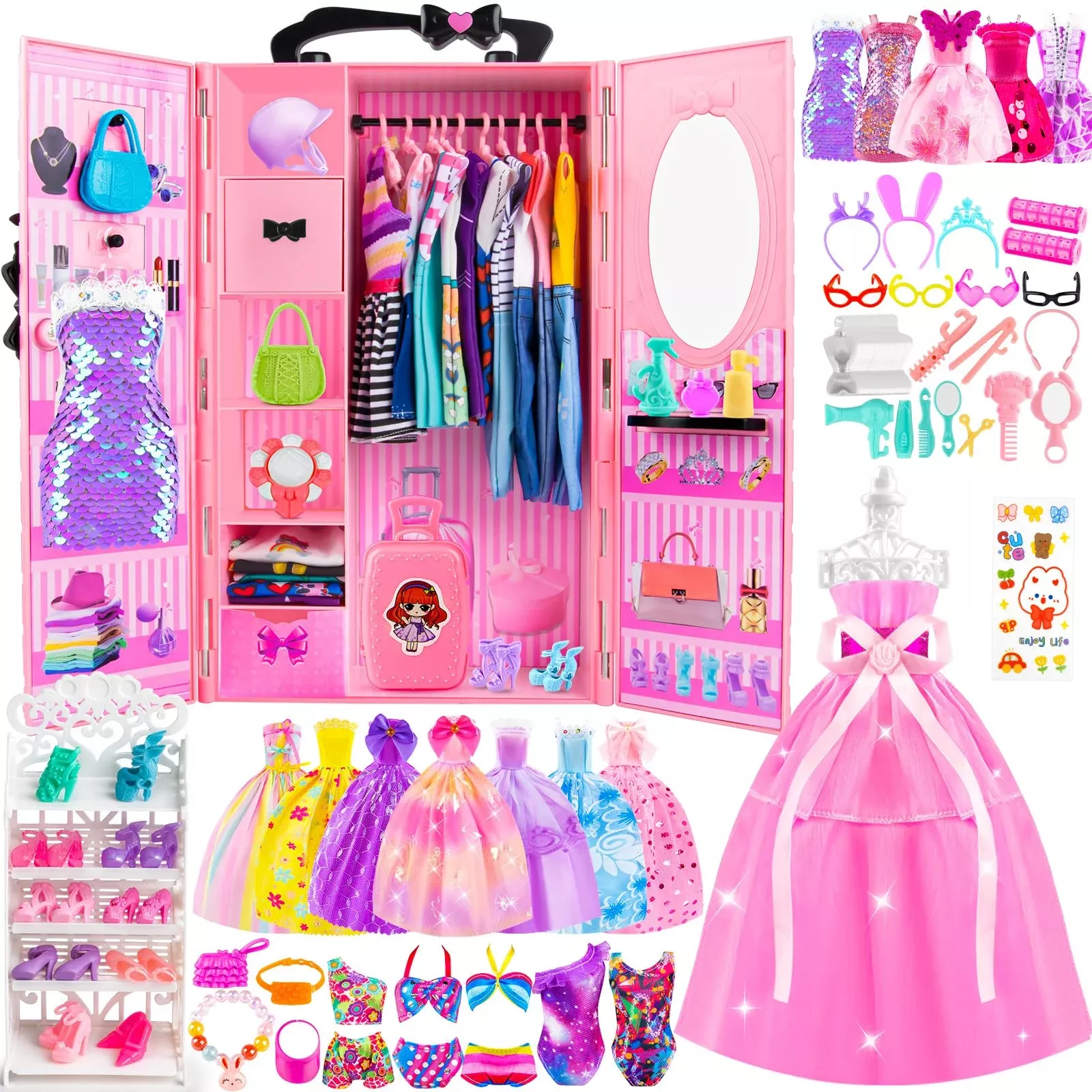 TQRAZ Doll Closet Playset with 137 PCS, Pink, 12.2