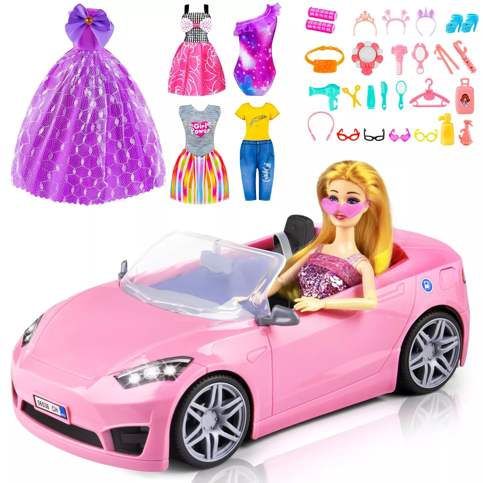 TQRAZ Doll Playset with Convertible Car, 76 PCS, Pink, 11