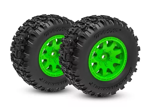 Traxxas 10771-GRN Front Sledgehammer Tires & Green Wheels fits Mini Maxx (2 Pack)