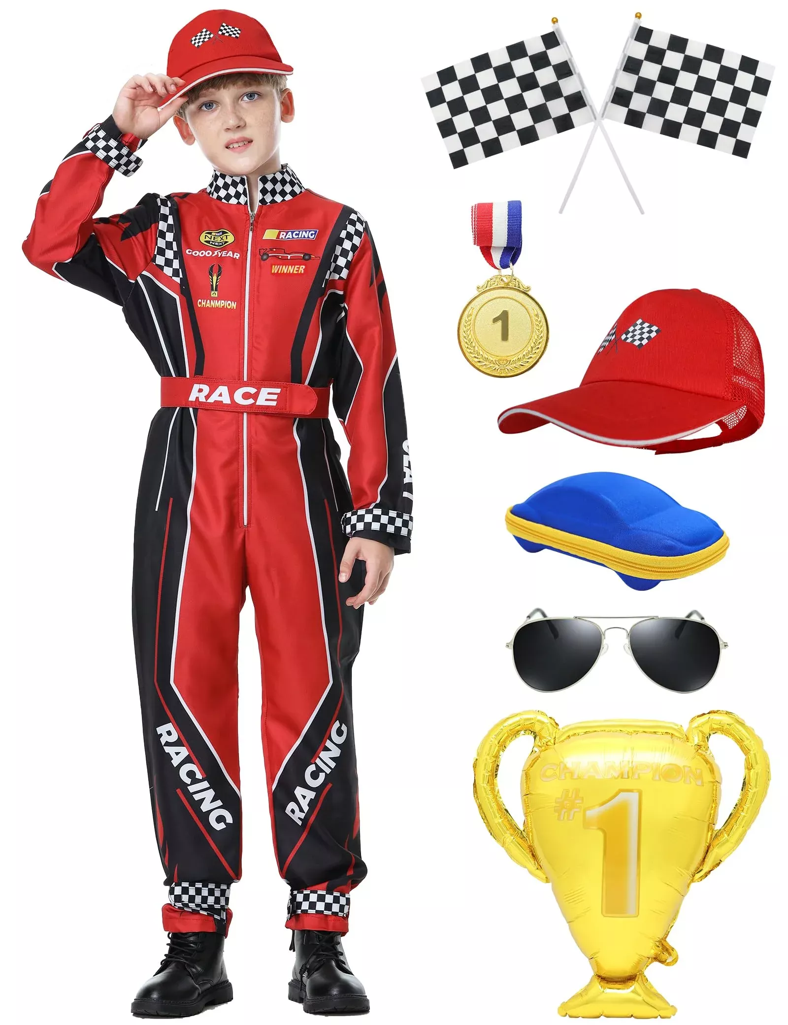 Treyrea Race Car Driver Costume Jumpsuit Red Set Size 140