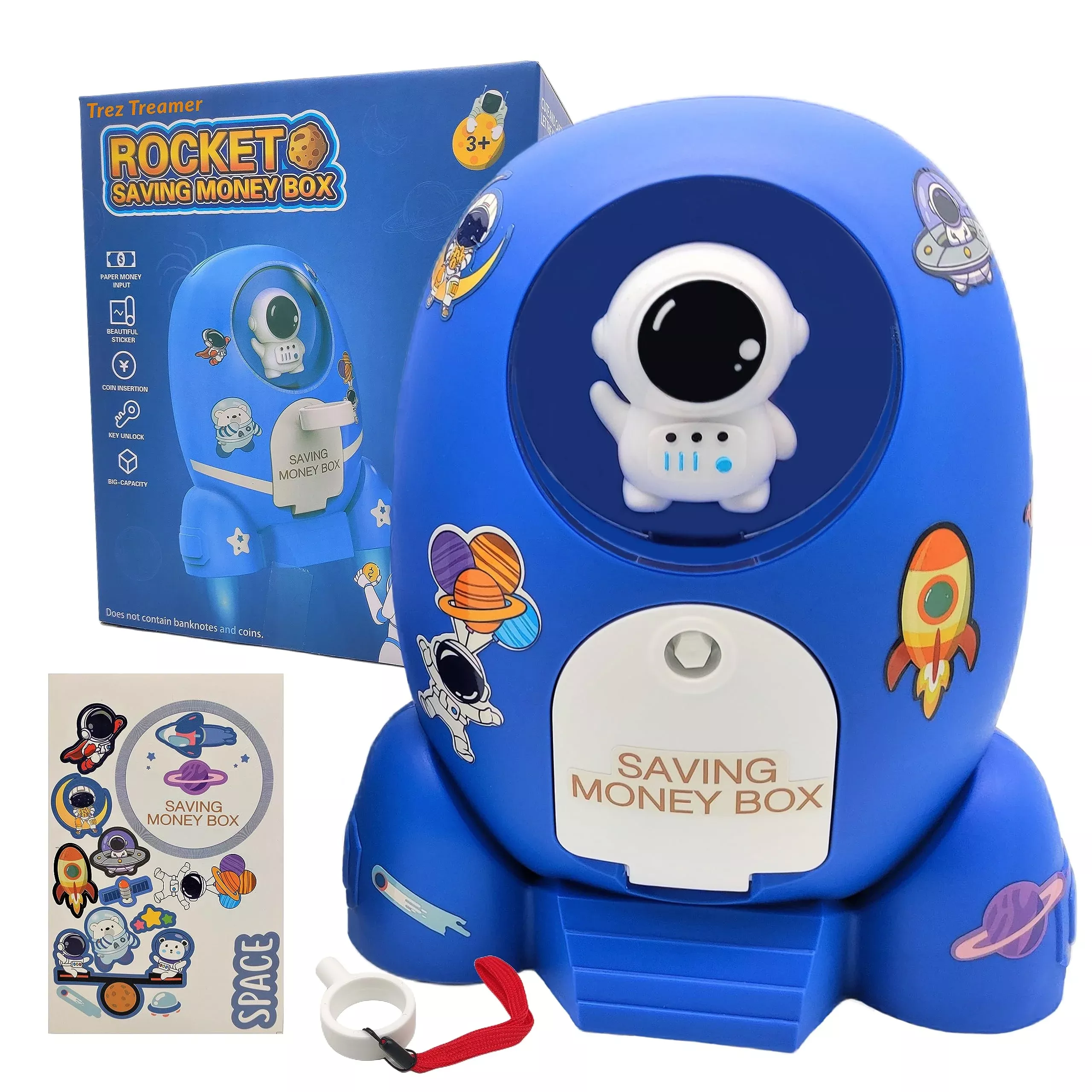 Trez Treamer Blue Rocket-Shaped Coin Bank for Kids, Large Plastic