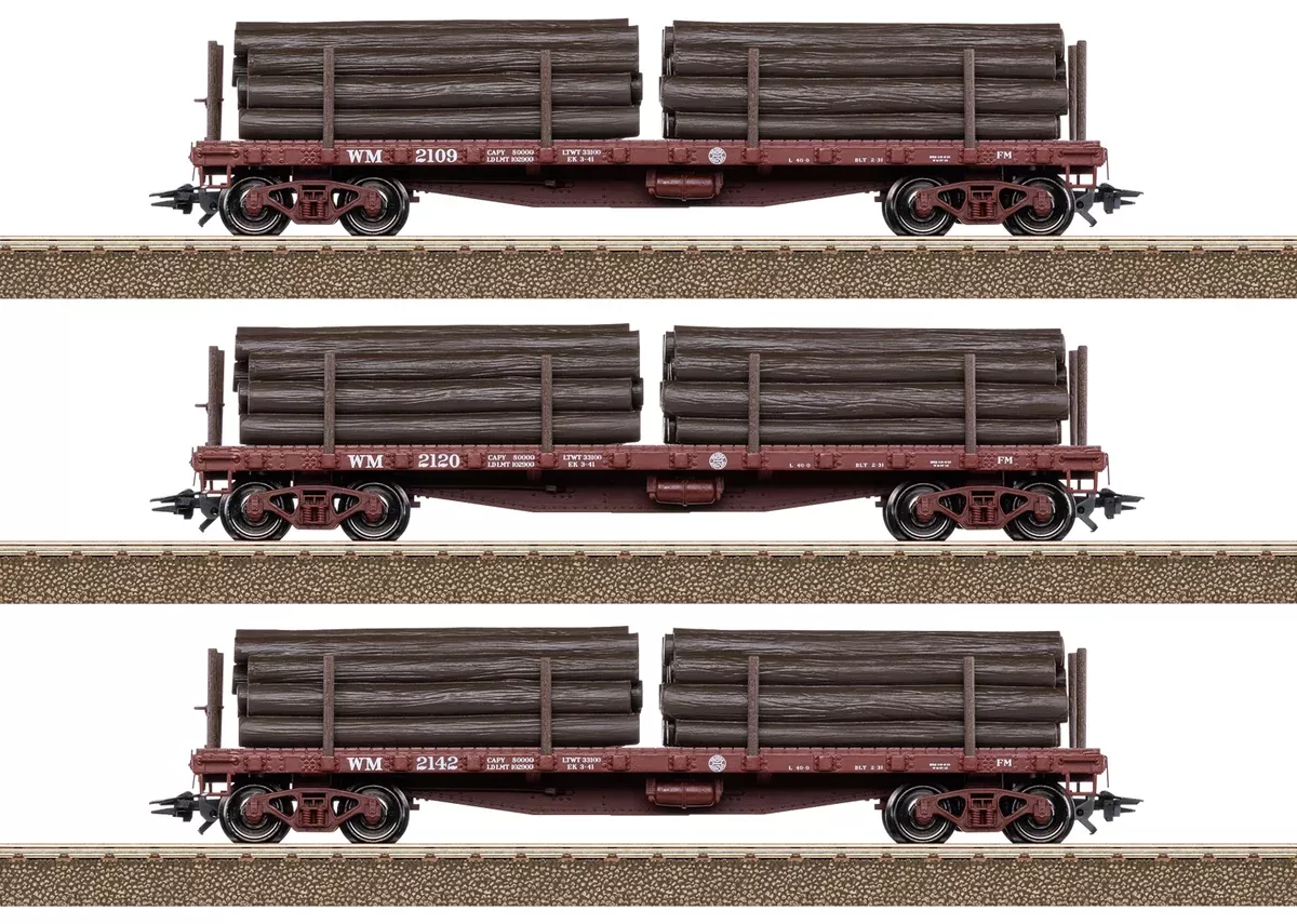Trix 24922 HO Scale 40' Flat Car with Mining Timber Load Western Maryland (3 Pack)