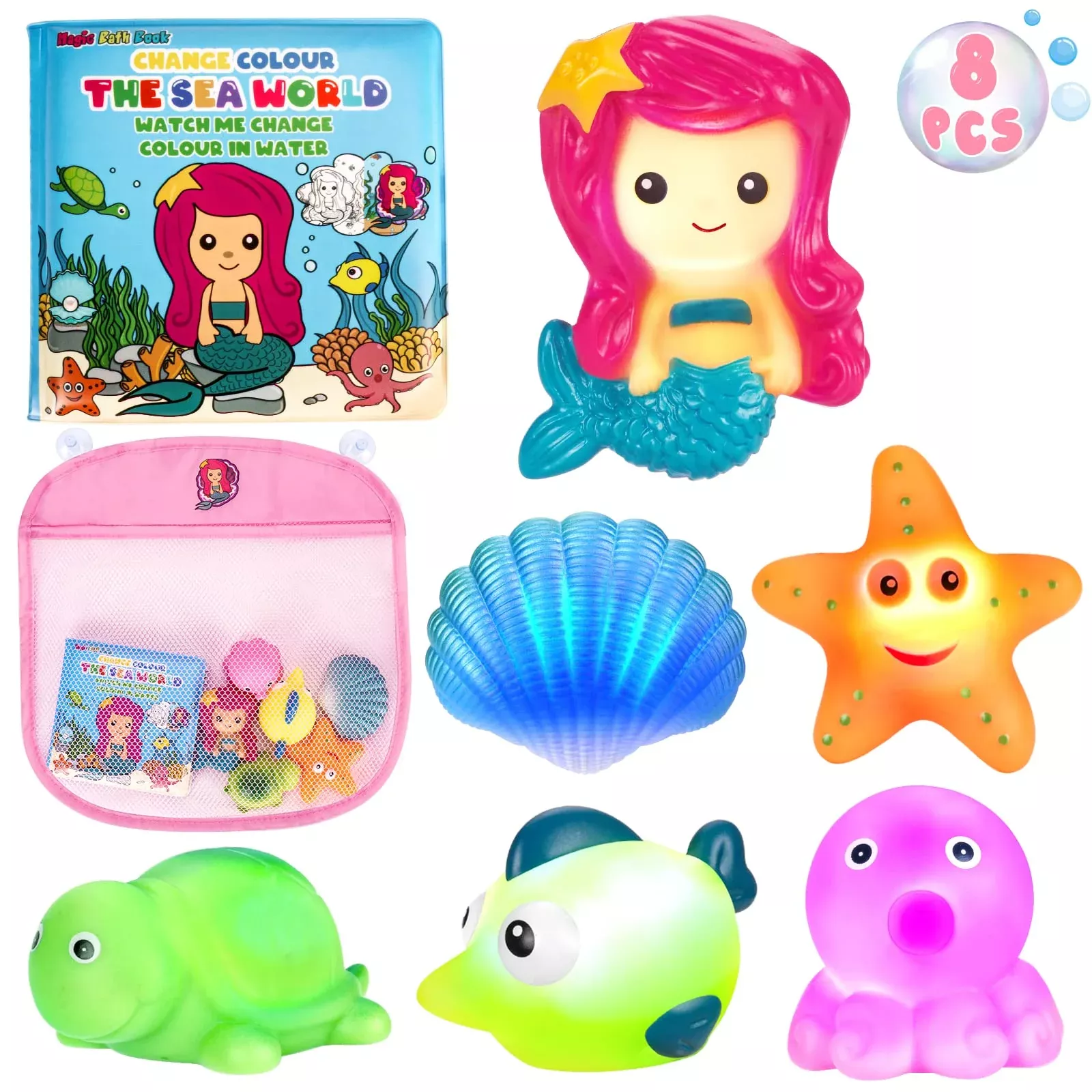 TSDATOWR Mermaid Bath Toys Set with Light-Up Sea Animals, Small