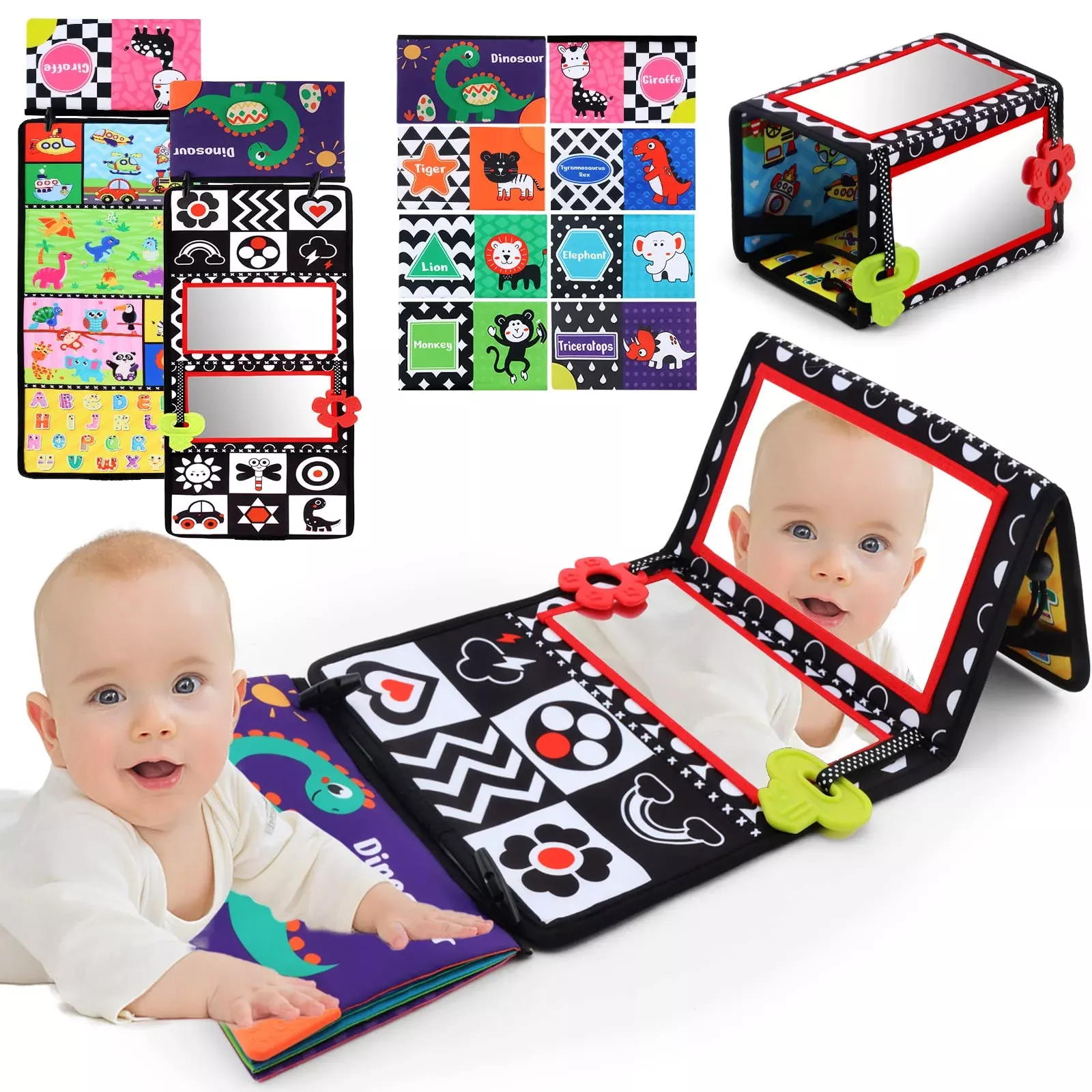 Tummy Time Floor Mirror With Crinkle Cloth Book And Teethers, Double-S