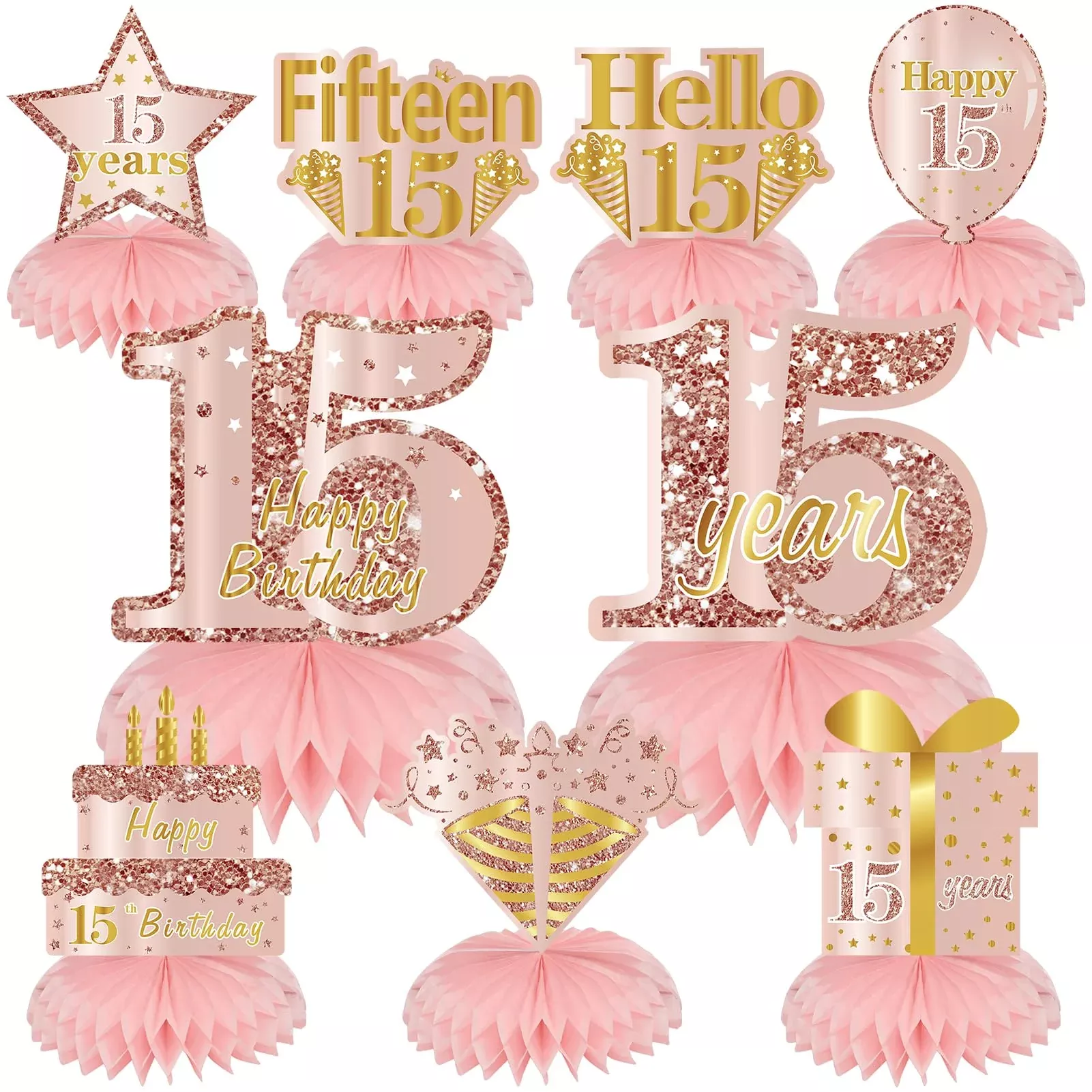 Turypaty 15th Birthday Decorations Set - Pink Rose Gold, 9Pcs