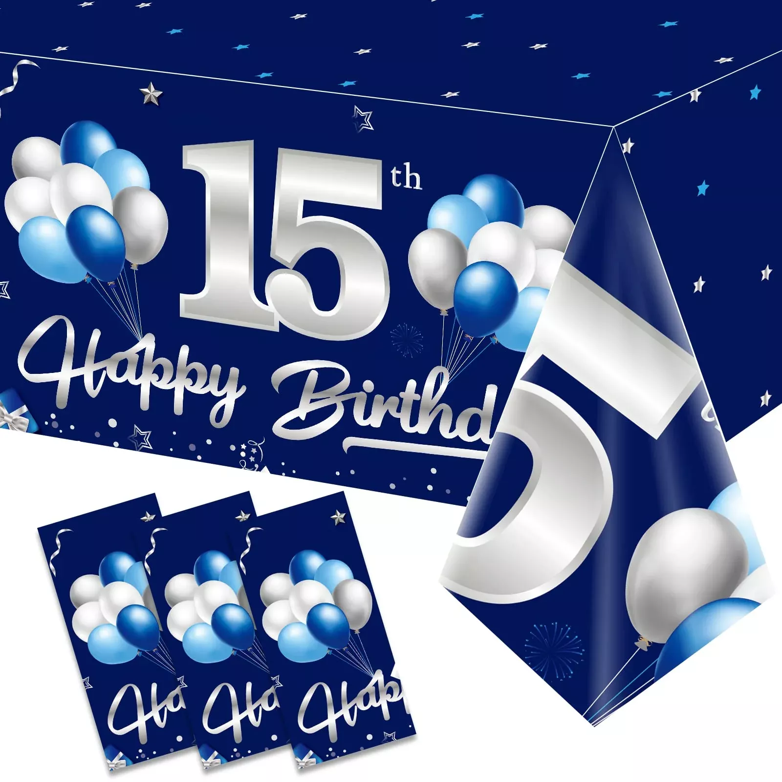 Turypaty 15th Birthday Tablecloth 3 Pack 108x54in Blue Silver