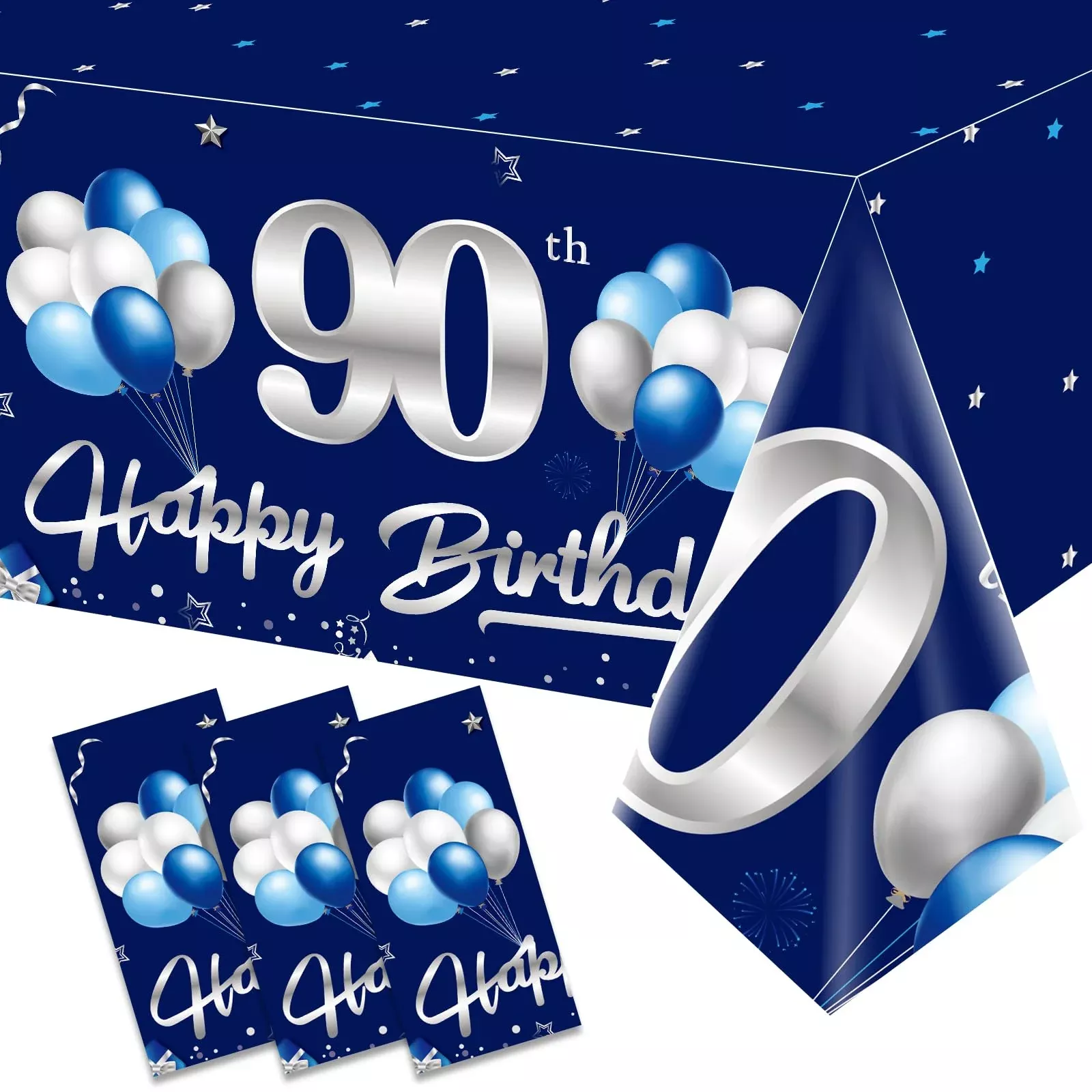Turypaty 90th Birthday Tablecloth Blue Silver 108" x 54" -