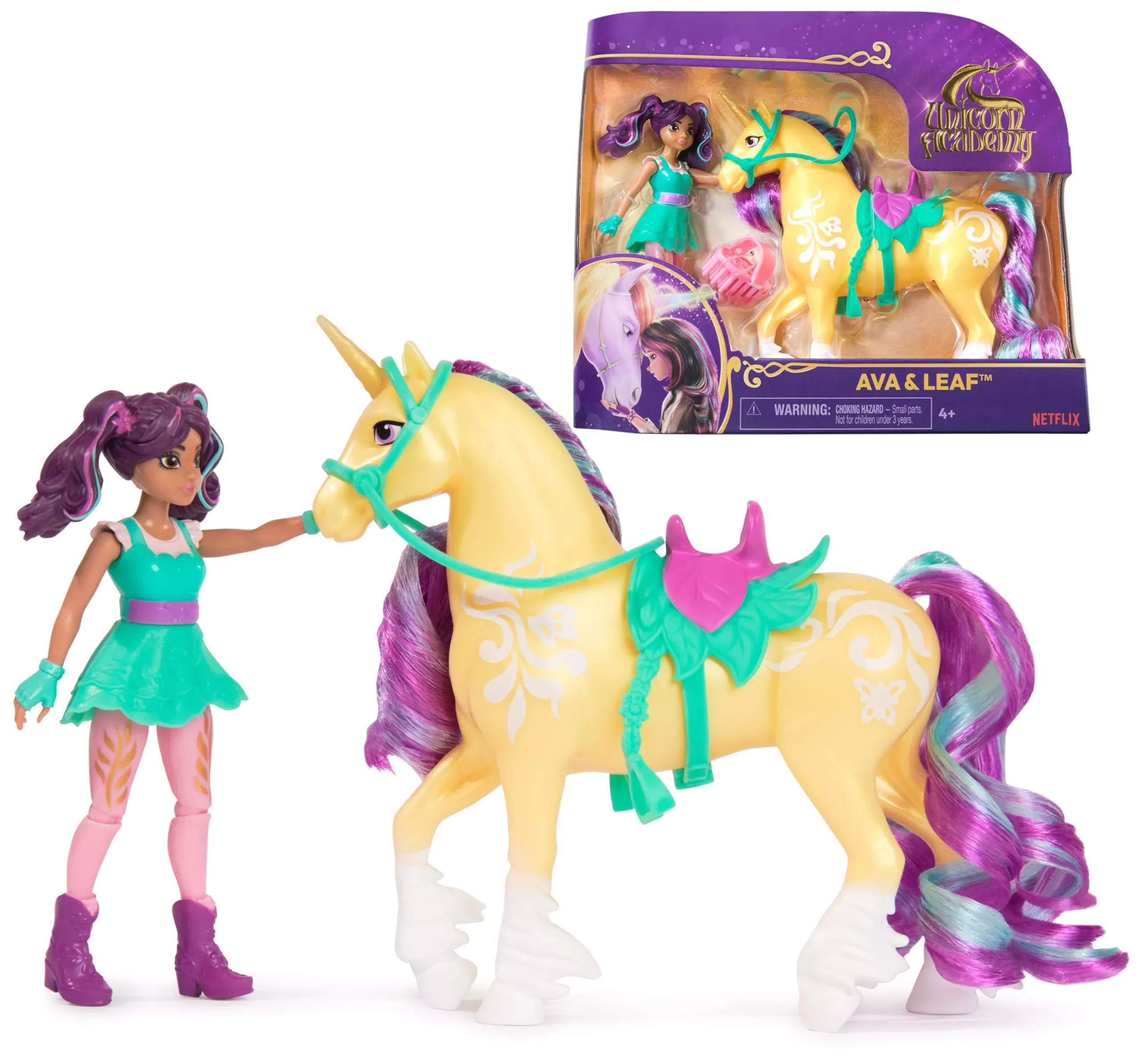 Unicorn Academy Ava & Leaf Set, 4.5" Doll & 5" Unicorn