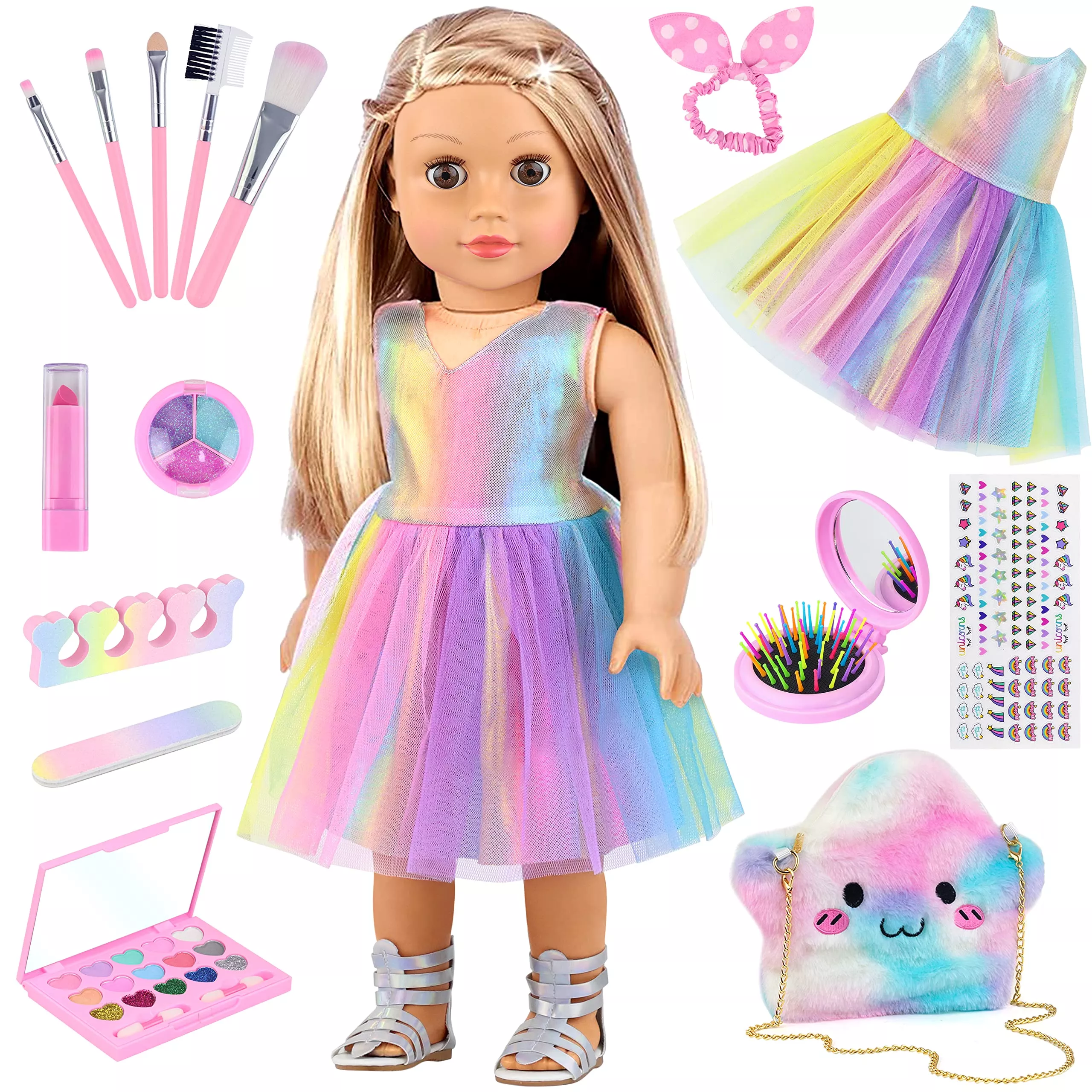 UNICORN ELEMENT 18 Inch Doll Makeup Set - Rainbow Dress, 15 Pcs