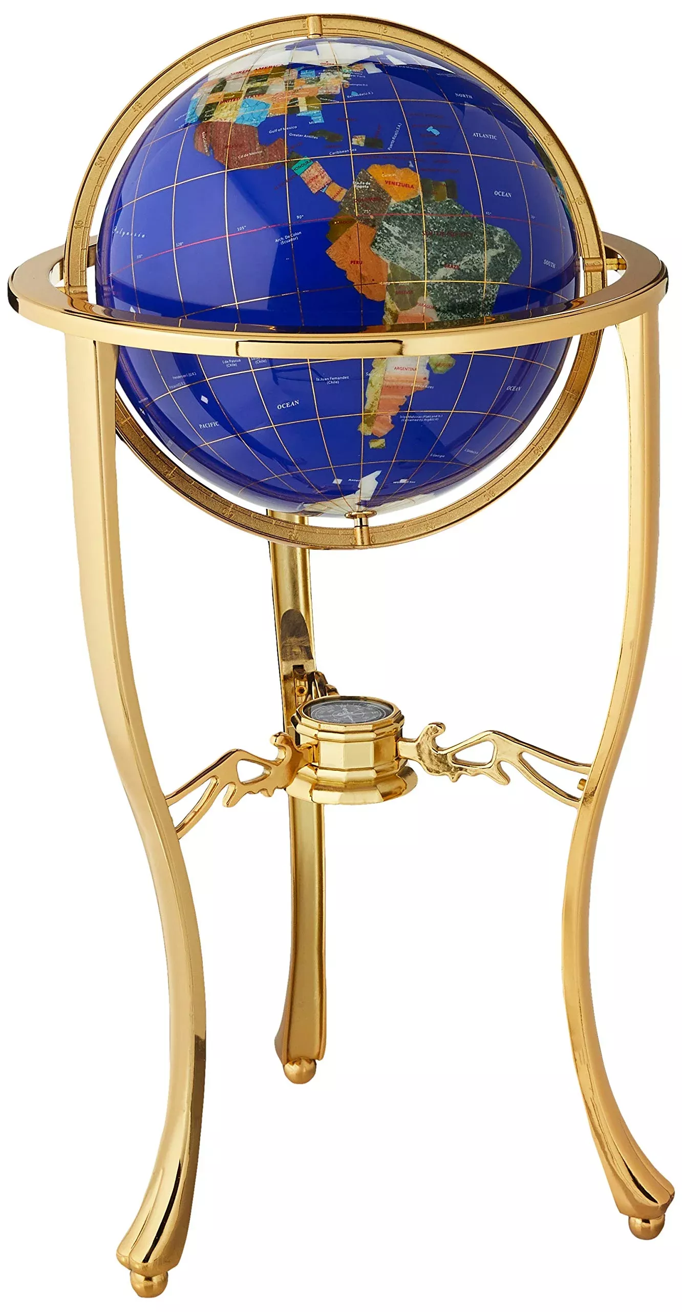 Unique Art Blue Jasper Gemstone Globe 13-Inch with Gold Stand