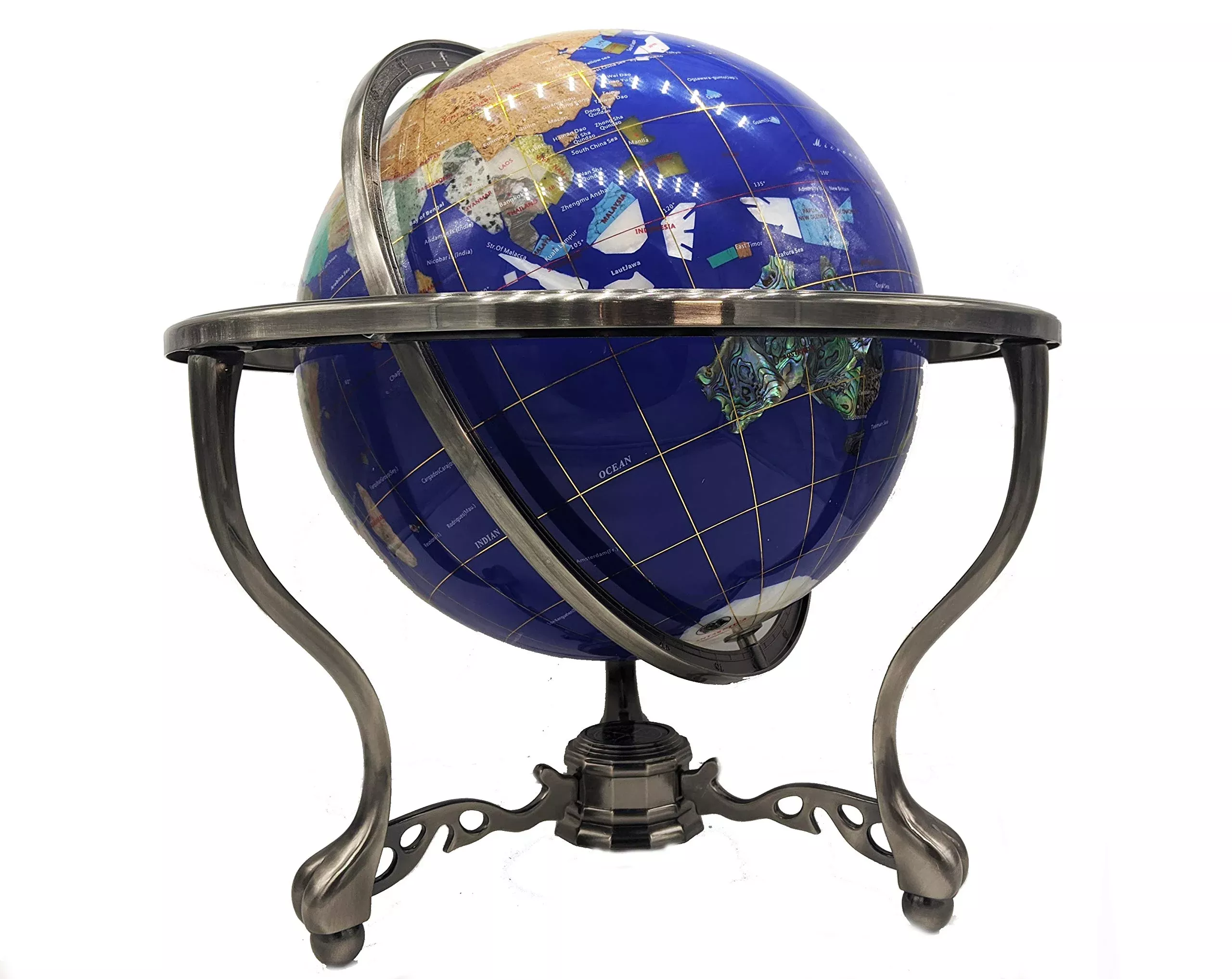 Unique Art Blue Lapis Gemstone Globe 13-Inch with Silver Stand